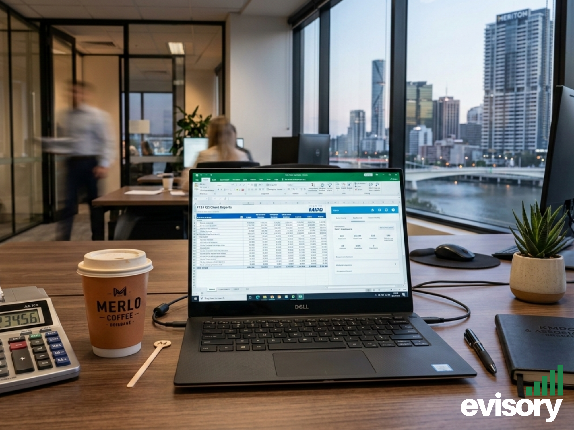 A professional desk in a Brisbane office overlooking the city skyline, featuring a laptop with financial reports and a coffee, representing BAS strategy and management.