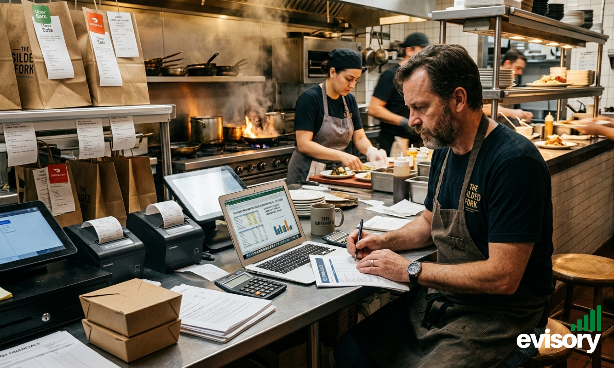 Restaurant owner reviewing delivery platform payouts and commission reports