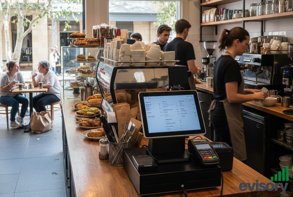 A modern POS terminal on a cafe counter with staff working in the background, highlighting digital record-keeping for Australian hospitality tax season.