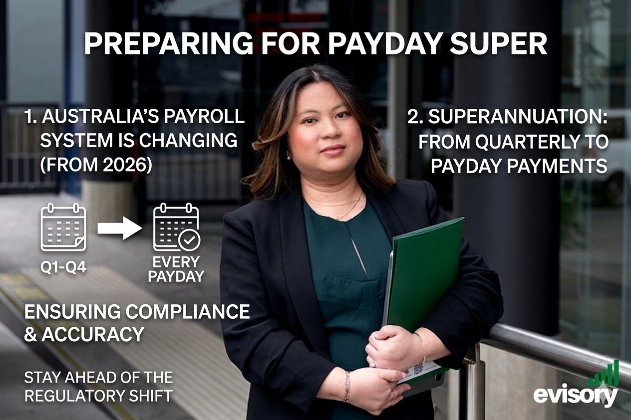 Linda Dang holding a folder, illustrating the transition of Australia's payroll system from quarterly to payday superannuation payments.