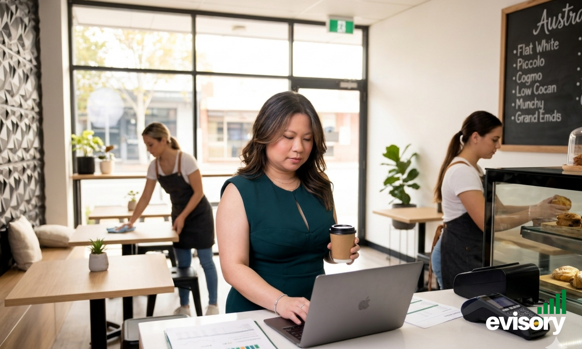 Australian hospitality venue owner reviewing restaurant financial numbers and KPI reports in 2026