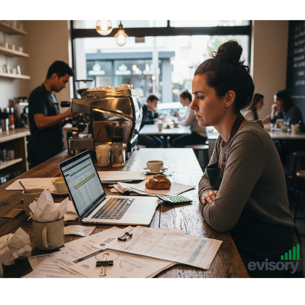 A cafe owner looking at tax paperwork and a laptop in a busy restaurant, highlighting why hospitality tax returns take time.