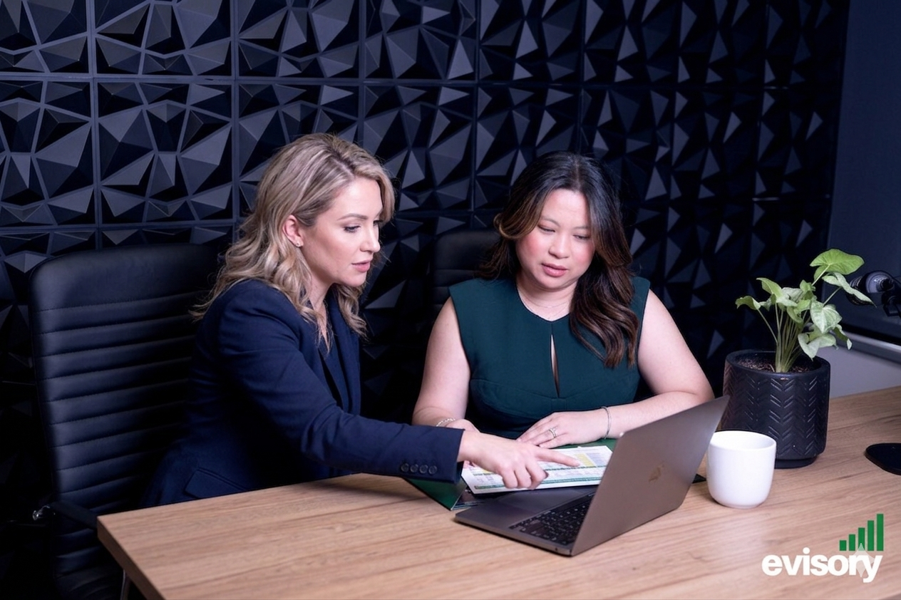 Linda Dang and a client discussing something over a laptop