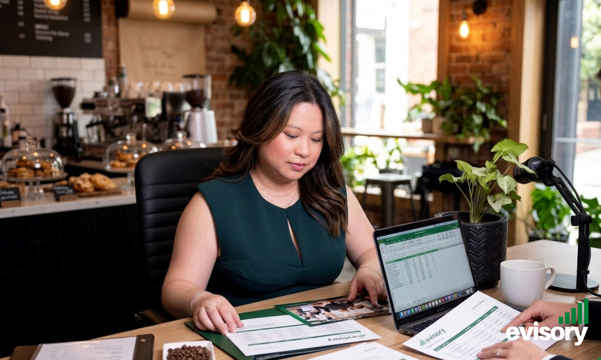 Restaurant owner reviewing cash flow reports after a busy hospitality service