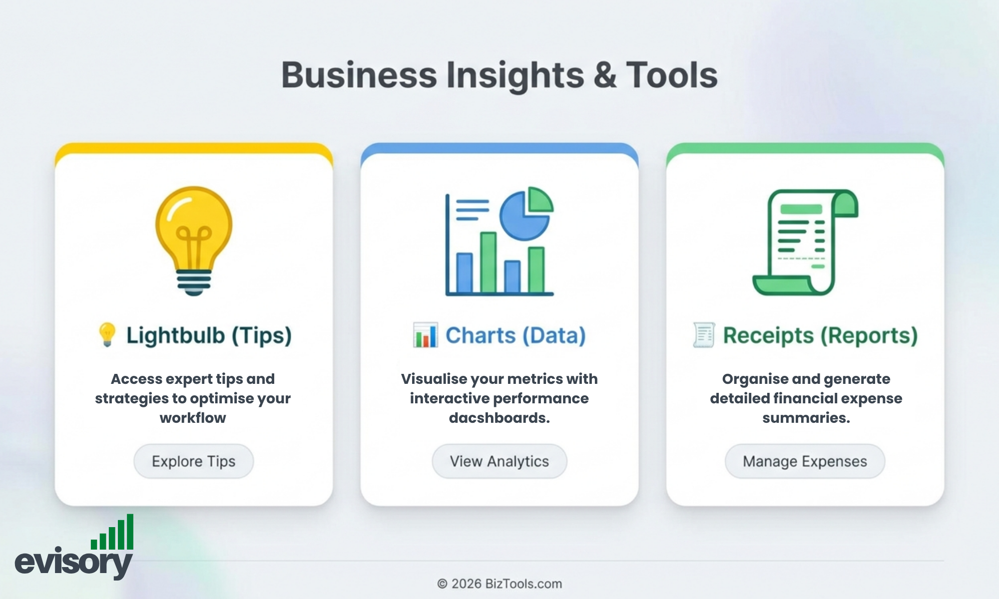 Icons showing tax tips including receipts tracking, financial charts, and smart business tools for small business compliance