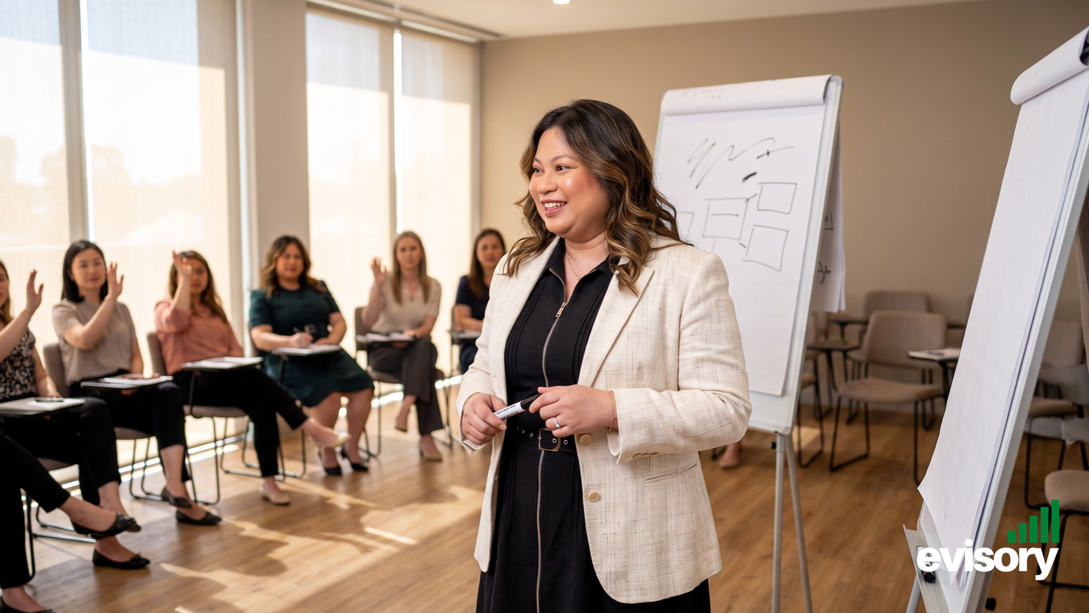 Linda Dang leading a workshop presentation next to a flip chart while answering questions from an audience in a training room.