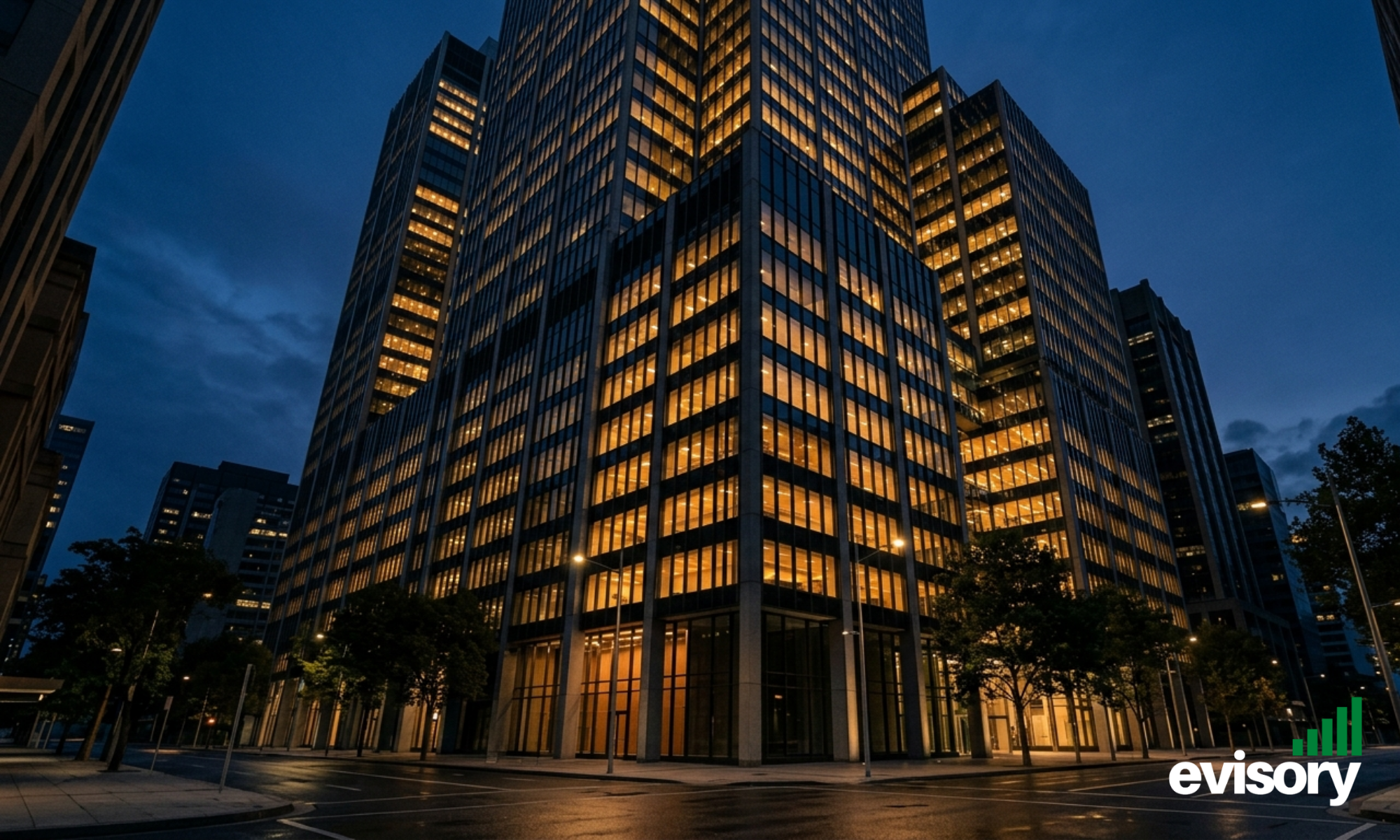 A modern Australian office building at dusk, representing the professional analysis of the 2026-27 Federal Budget's impact on small business and hospitality.