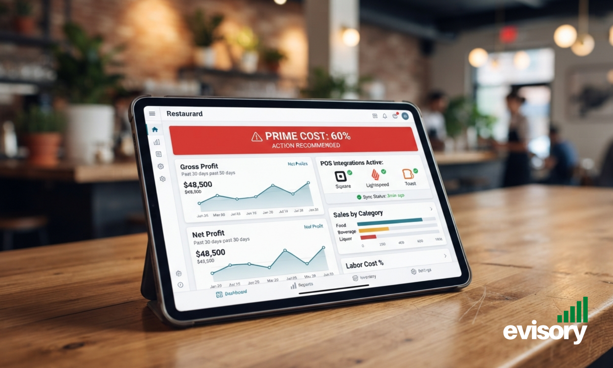 Integrated POS dashboard on a tablet displaying hospitality financial metrics, gross profit, and prime cost tracking.