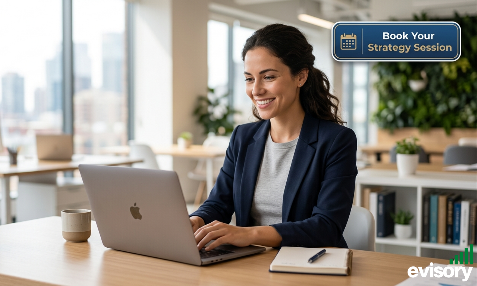 Confident small business owner working in a clean office after organizing finances and tax strategy for 2026