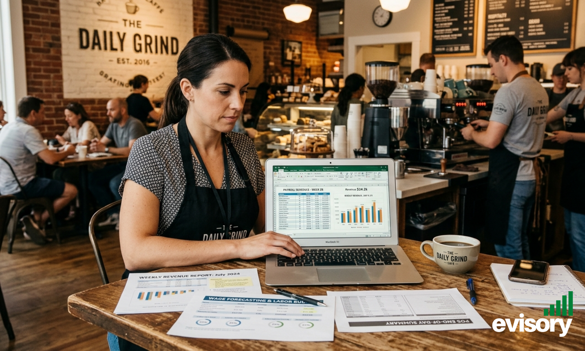 Hospitality manager reviewing payroll timing and weekly revenue reports