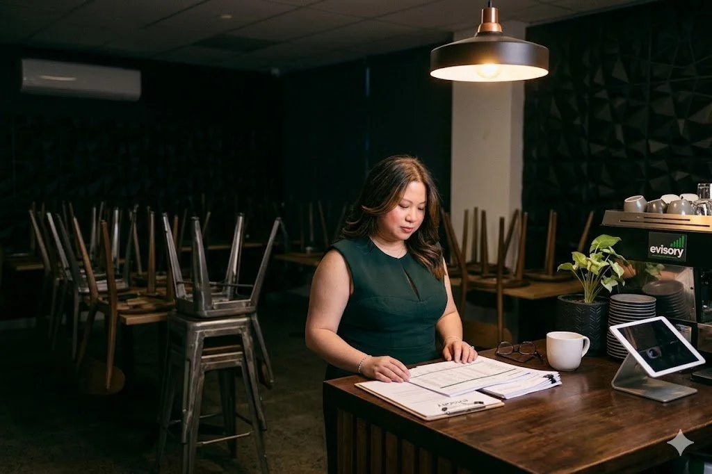 Hospitality venue owner reviewing business finances after restaurant closing time