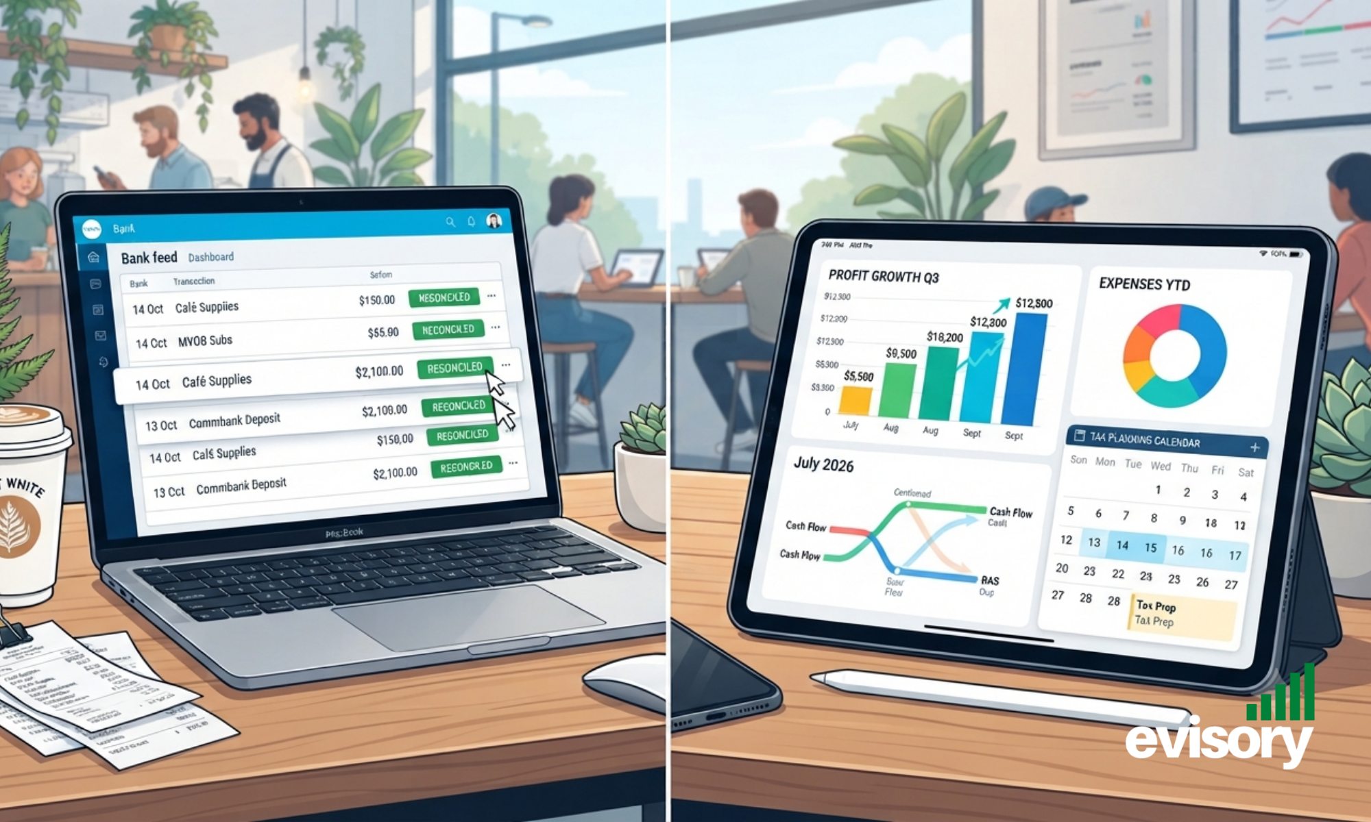 Side-by-side comparison of a Xero bookkeeper's daily transaction tasks and a Xero accountant's review, tax, reporting, and planning work.