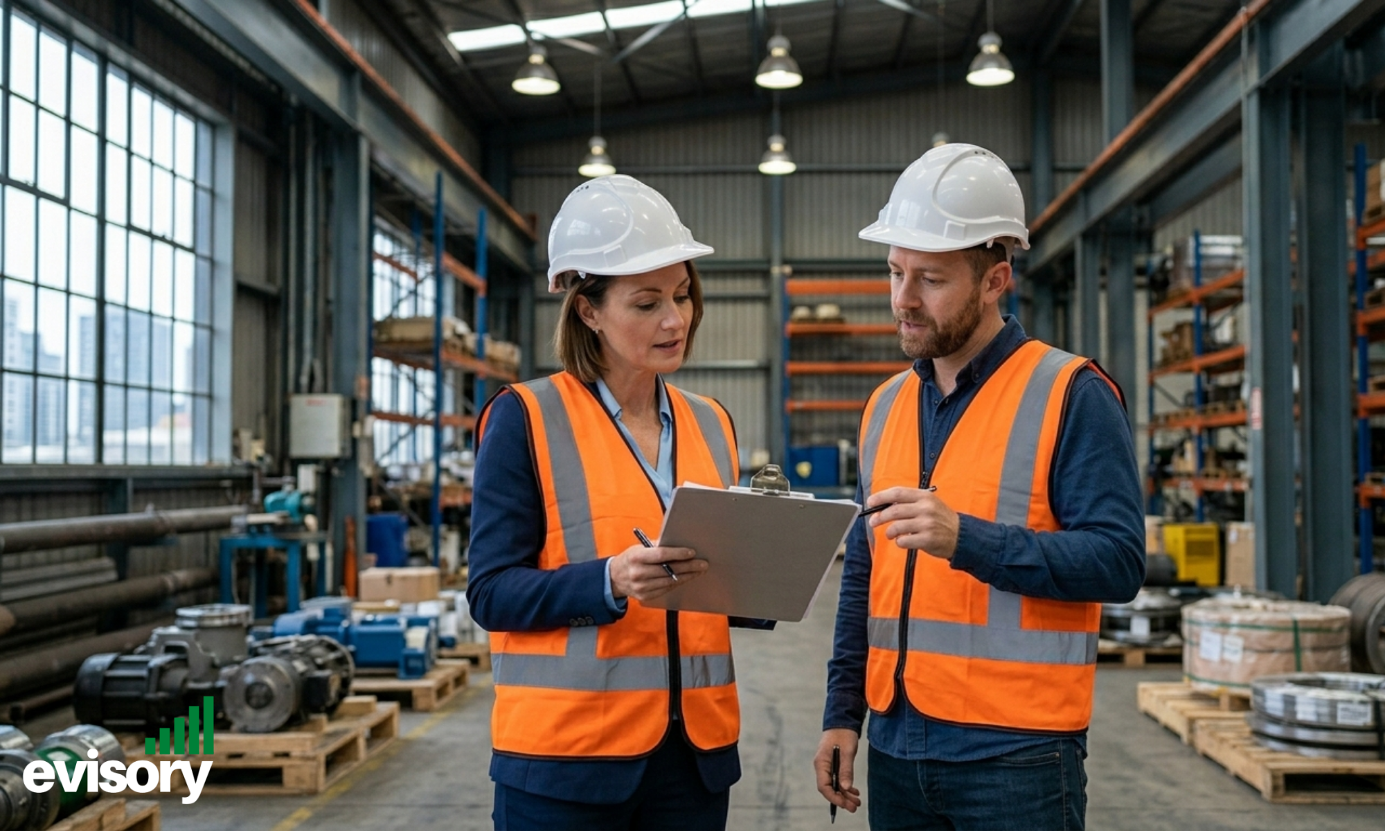 Australian woman and male colleague in high-visibility safety gear reviewing a clipboard inside a large industrial warehouse.