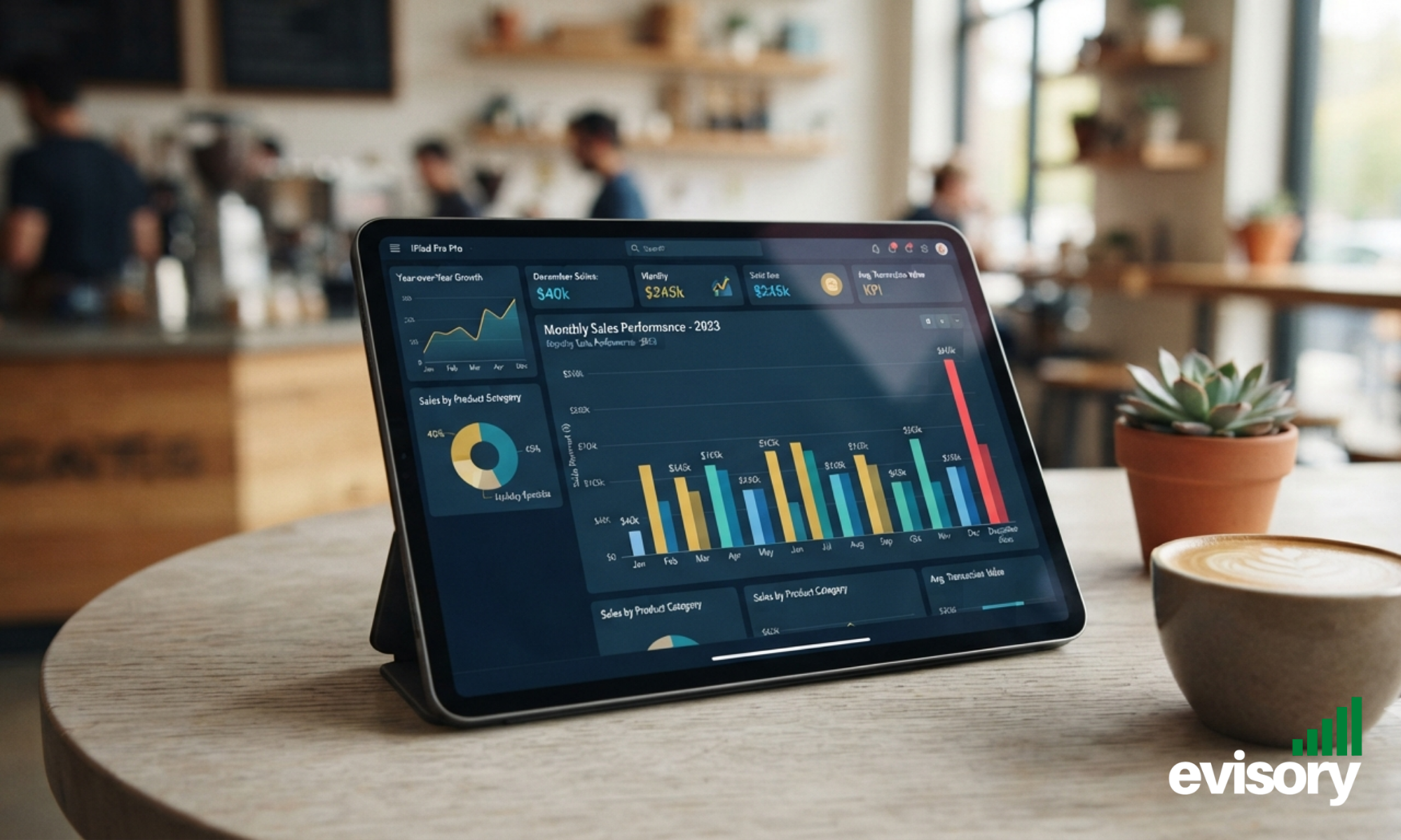 A tablet displaying hospitality cash flow forecasting dashboards and seasonal sales trends in a cafe, helping venue owners manage cash and payroll.
