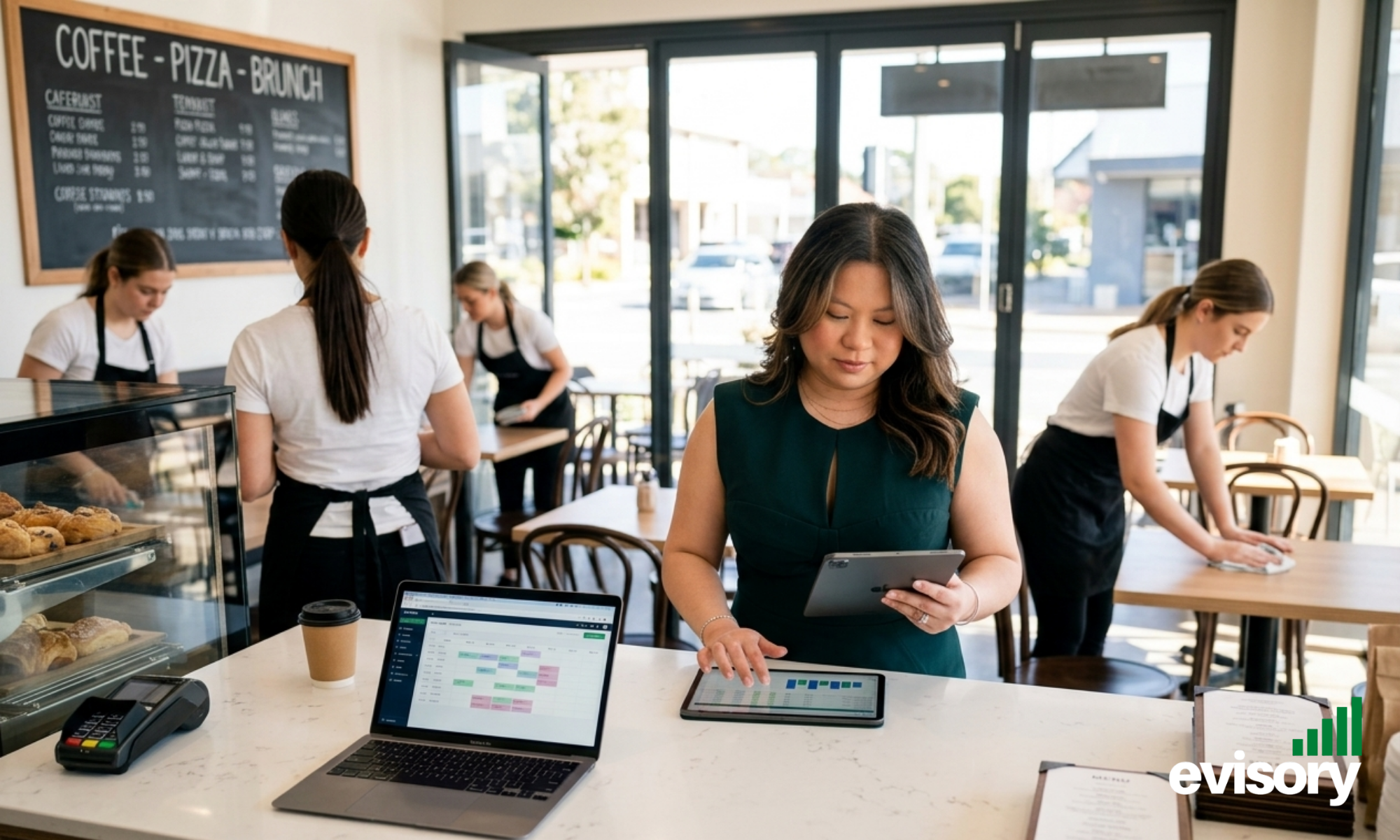 Restaurant manager reviewing staff rosters and labour cost performance in an Australian hospitality venue