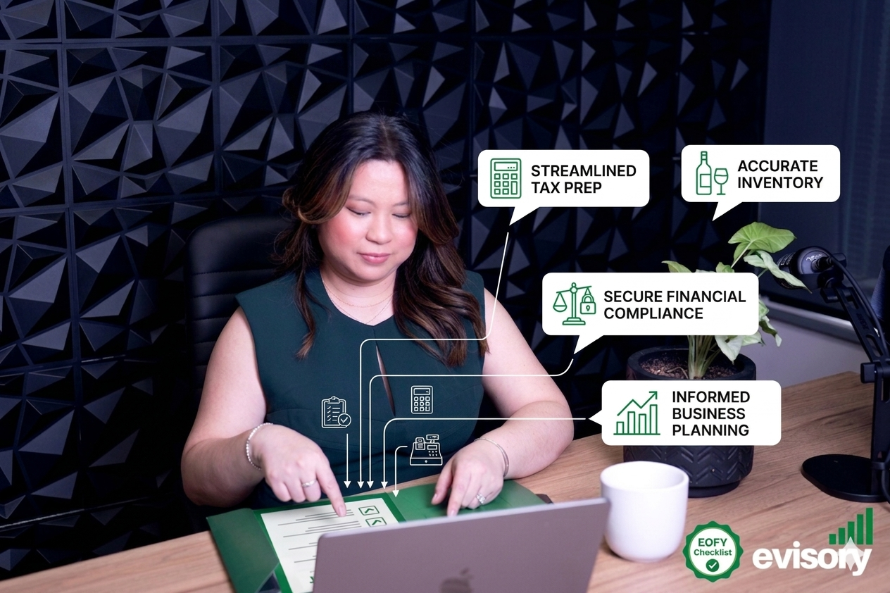 Linda Dang, Evisory Accountants CEO, reviewing accounts and using an EOFY checklist to streamline tax prep, inventory, and compliance for hospitality businesses.
