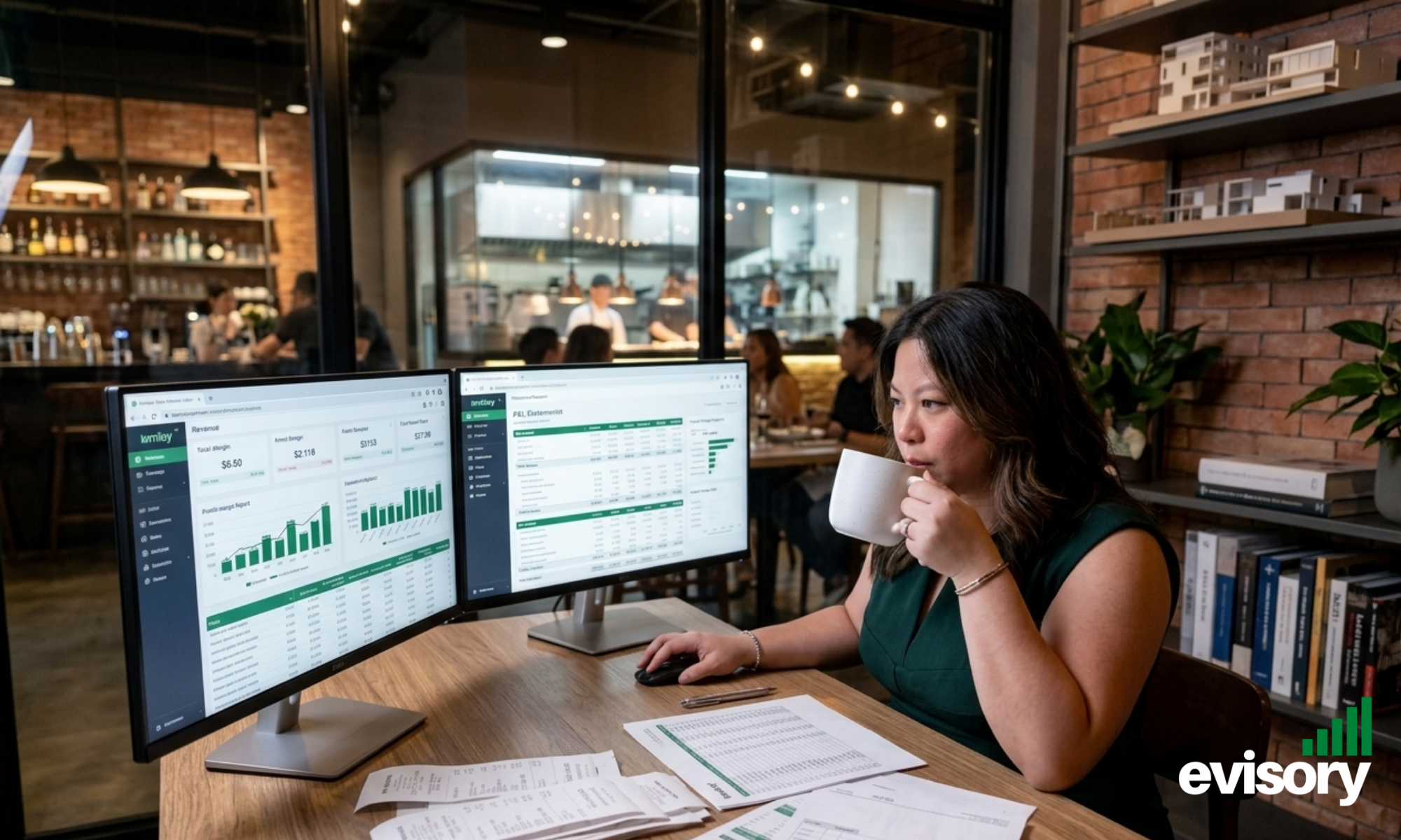 Restaurant owner reviewing hospitality overhead costs and profit reports