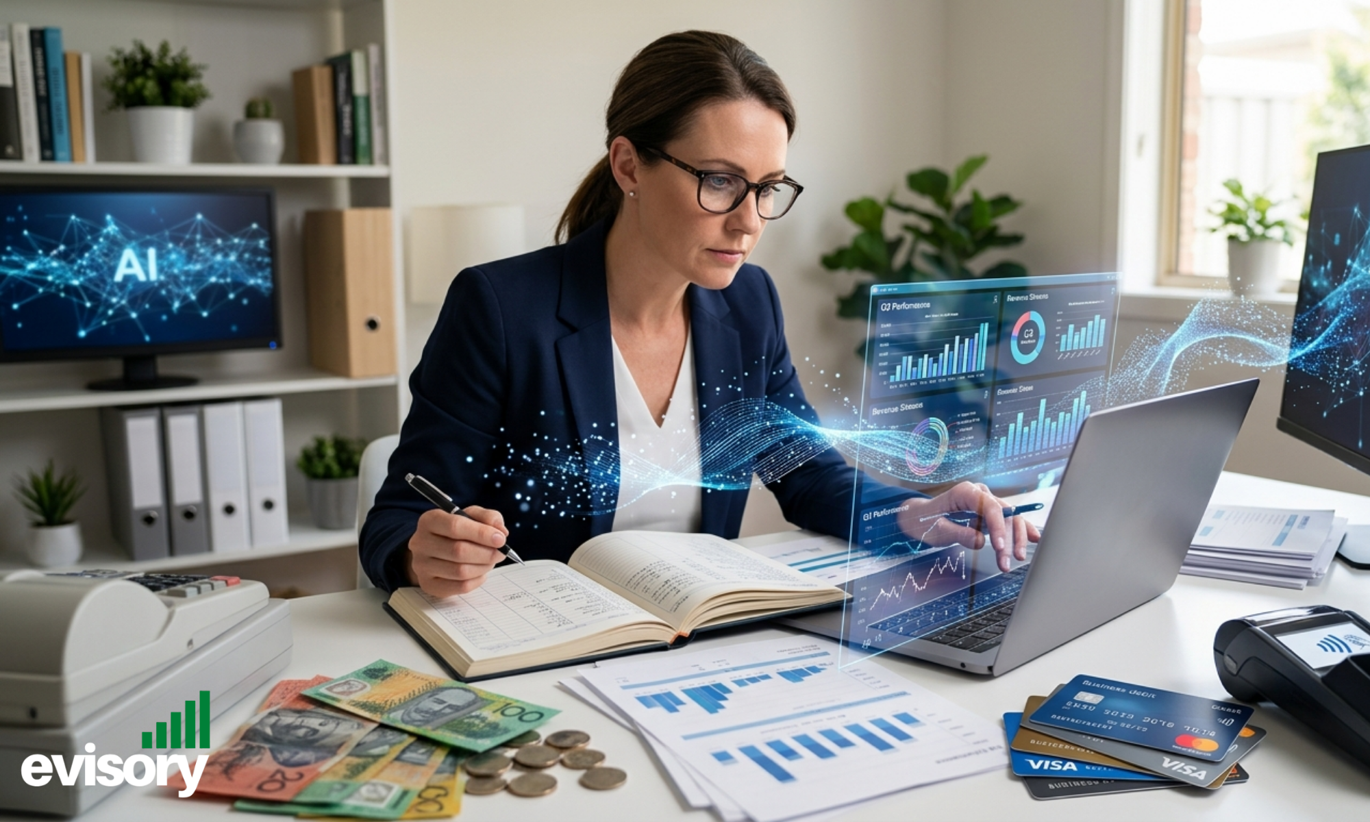 Business owner reviewing financial data and digital dashboards for ATO AI audit compliance and data matching in 2026