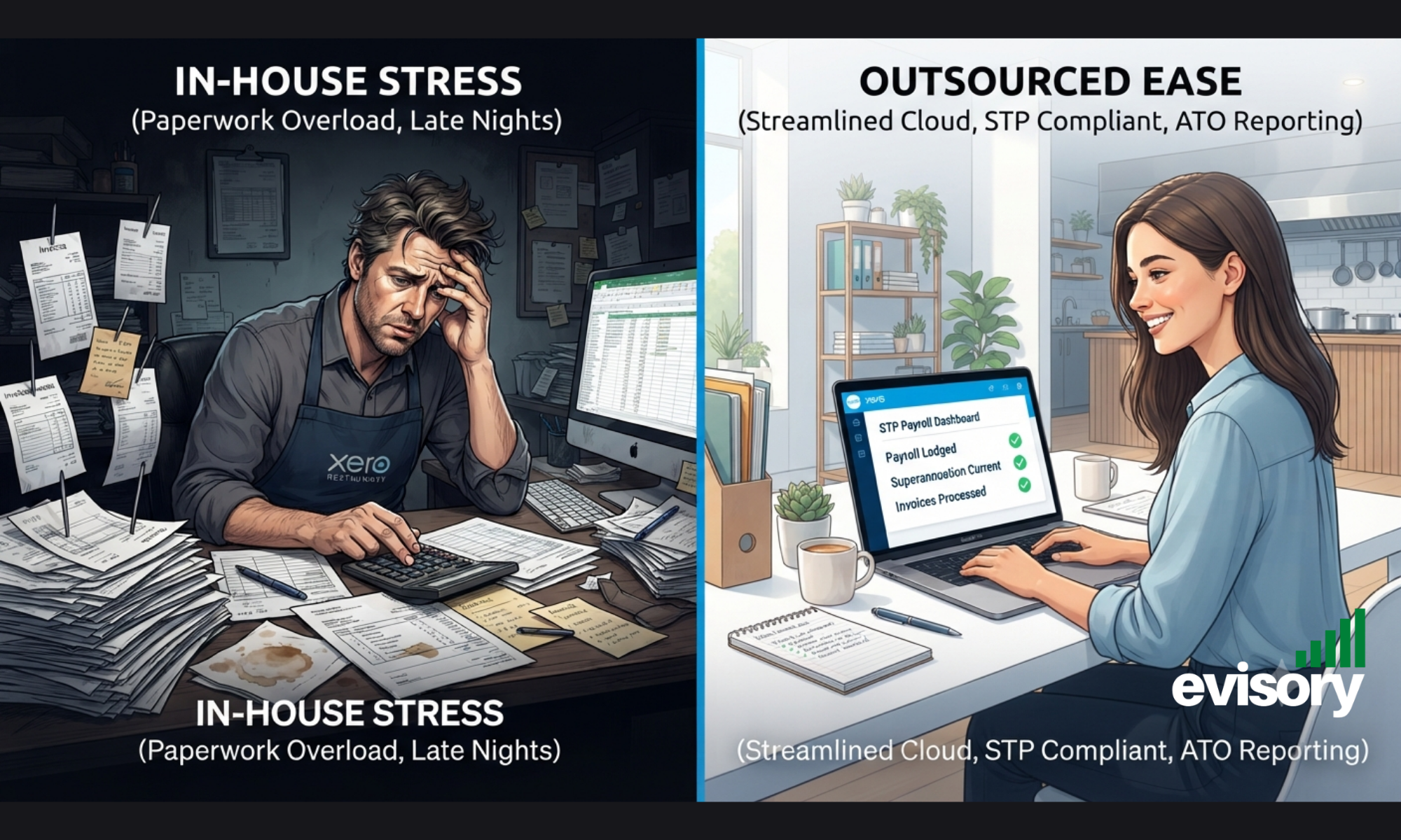 A visual comparison showing the stress of paperwork overload with an in-house bookkeeper versus the streamlined efficiency of outsourced cloud bookkeeping for a hospitality venue.
