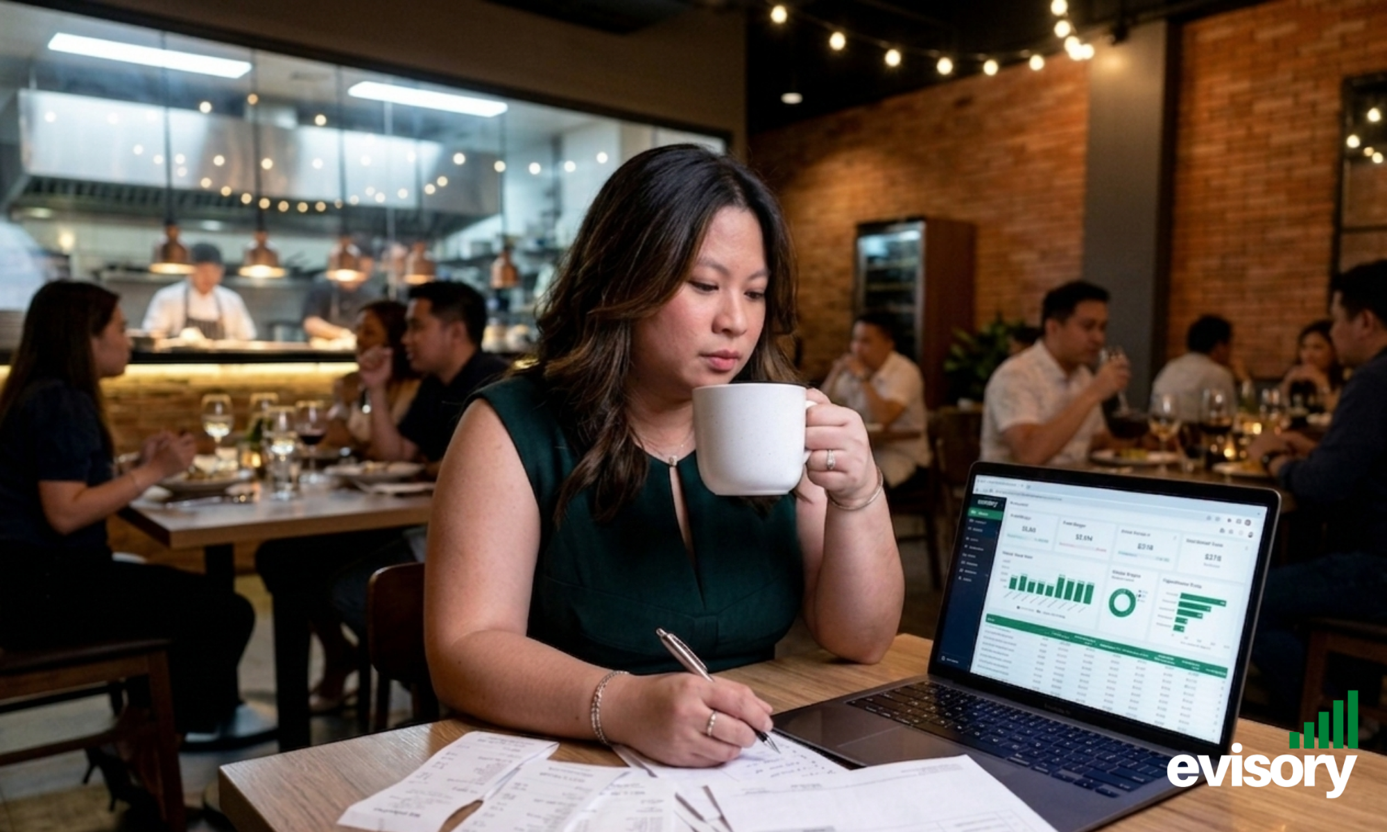 Linda Dang reviewing financial reports and net profit margins in a busy restaurant, helping hospitality venues understand their true profitability.
