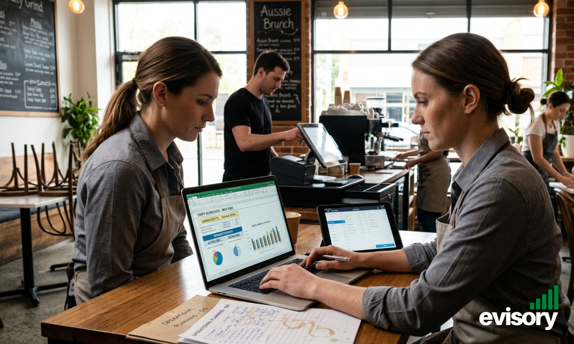 Restaurant manager analysing staff rostering and labour cost forecasting in hospitality business