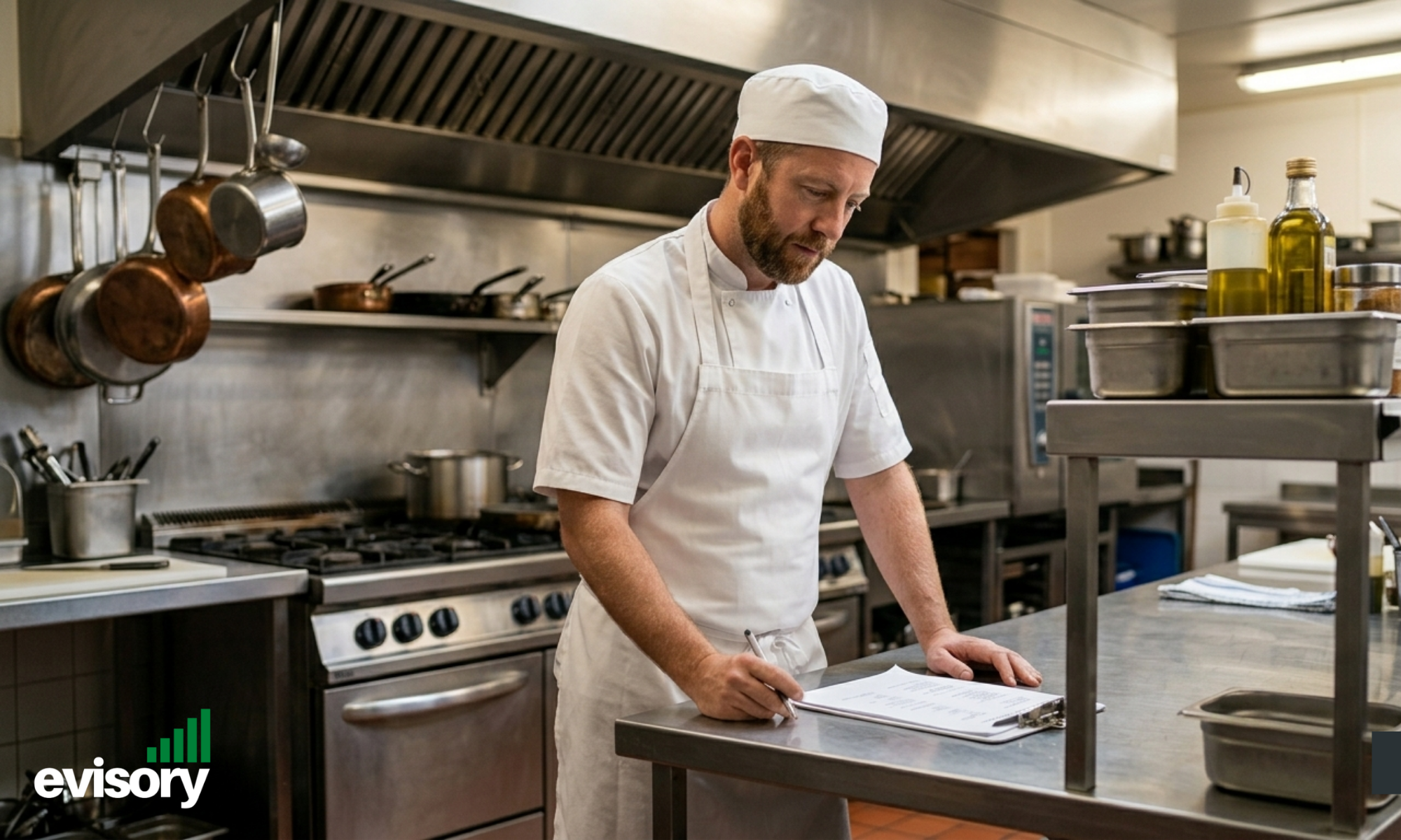 Male chef in a white uniform reviewing a printed document at a stainless steel kitchen bench in a professional commercial kitchen.