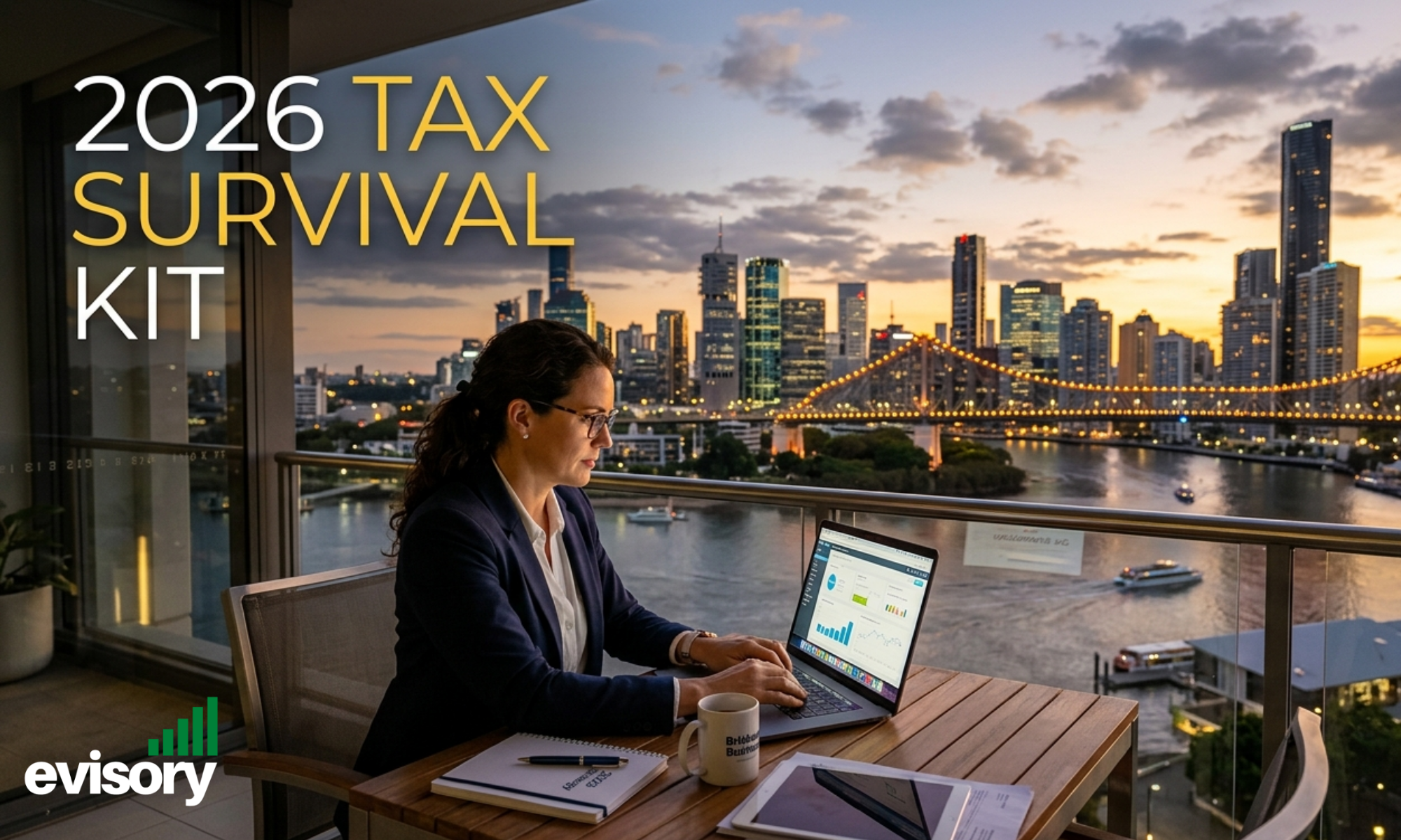 A business professional working on tax strategy on a laptop overlooking the Brisbane city skyline, representing the 2026 tax survival kit for small businesses.