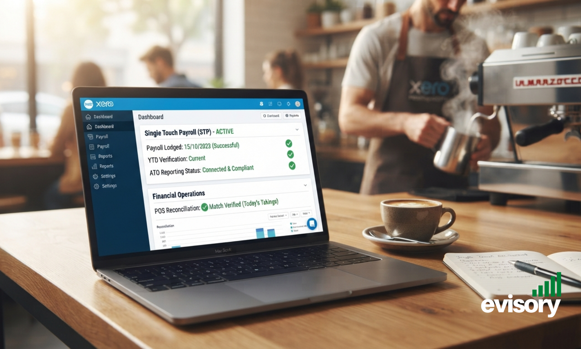 A laptop screen displaying integrated Single Touch Payroll (STP) settings and a successful point-of-sale bank reconciliation.