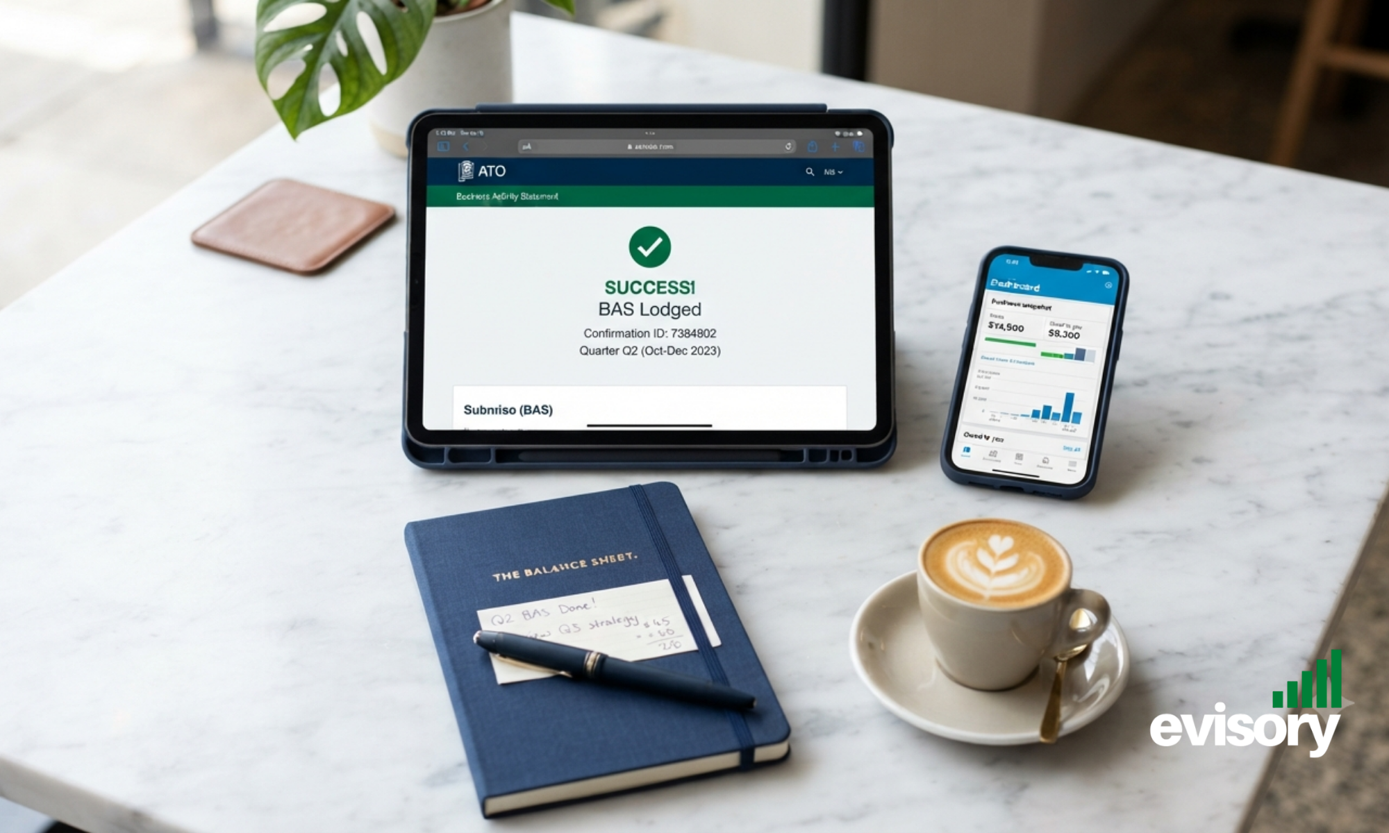 A tablet showing a successfully lodged BAS statement alongside a coffee cup and financial notebook, representing stress-free compliance for Brisbane venues.