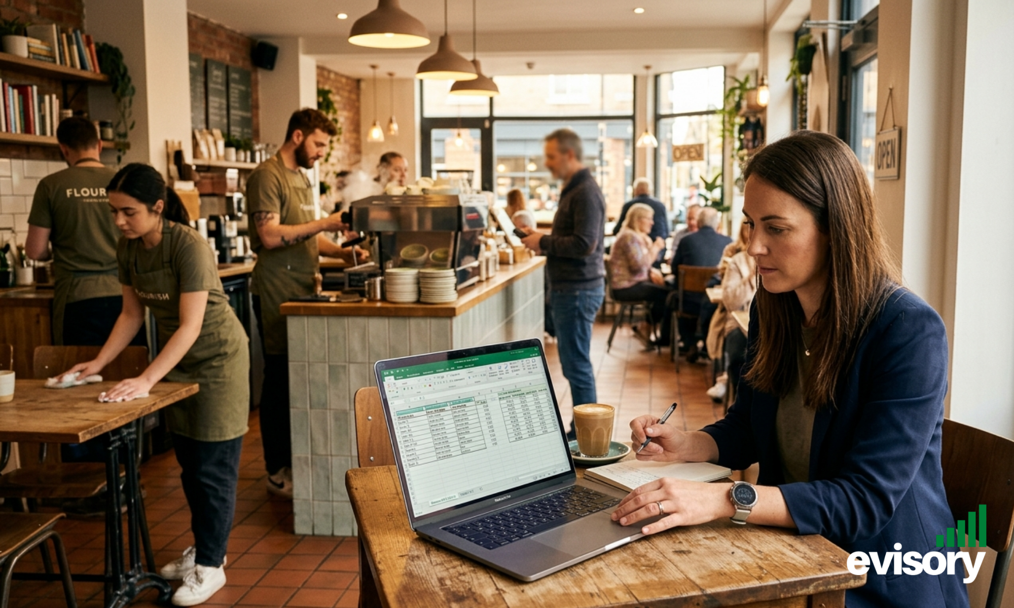 Café manager reviewing hospitality staff roster and payroll reports