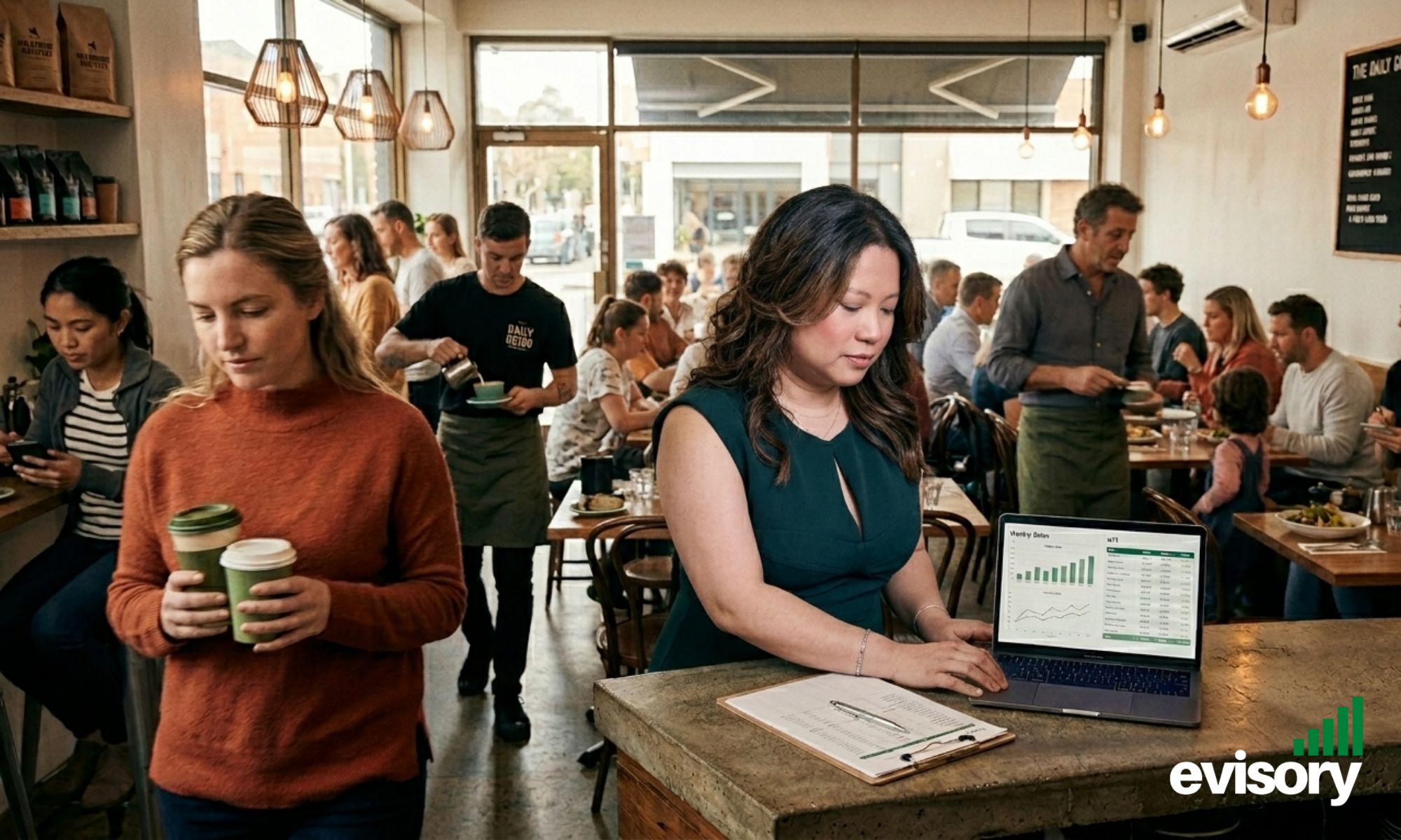 Linda Dang analyzing venue profitability and financial data on a laptop in a busy cafe, helping Australian operators understand true net margins.