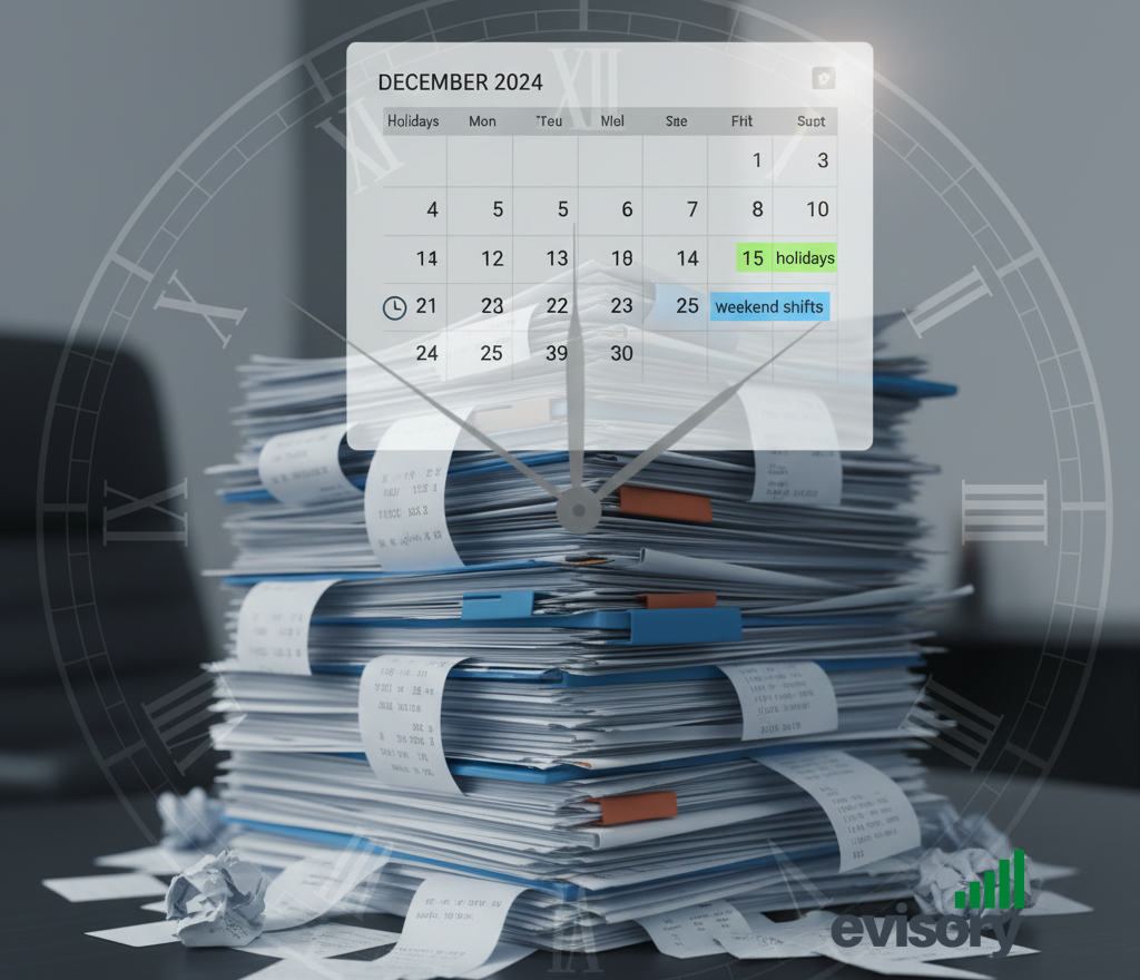 Piled-up paper containing payroll and a calendar with reminder