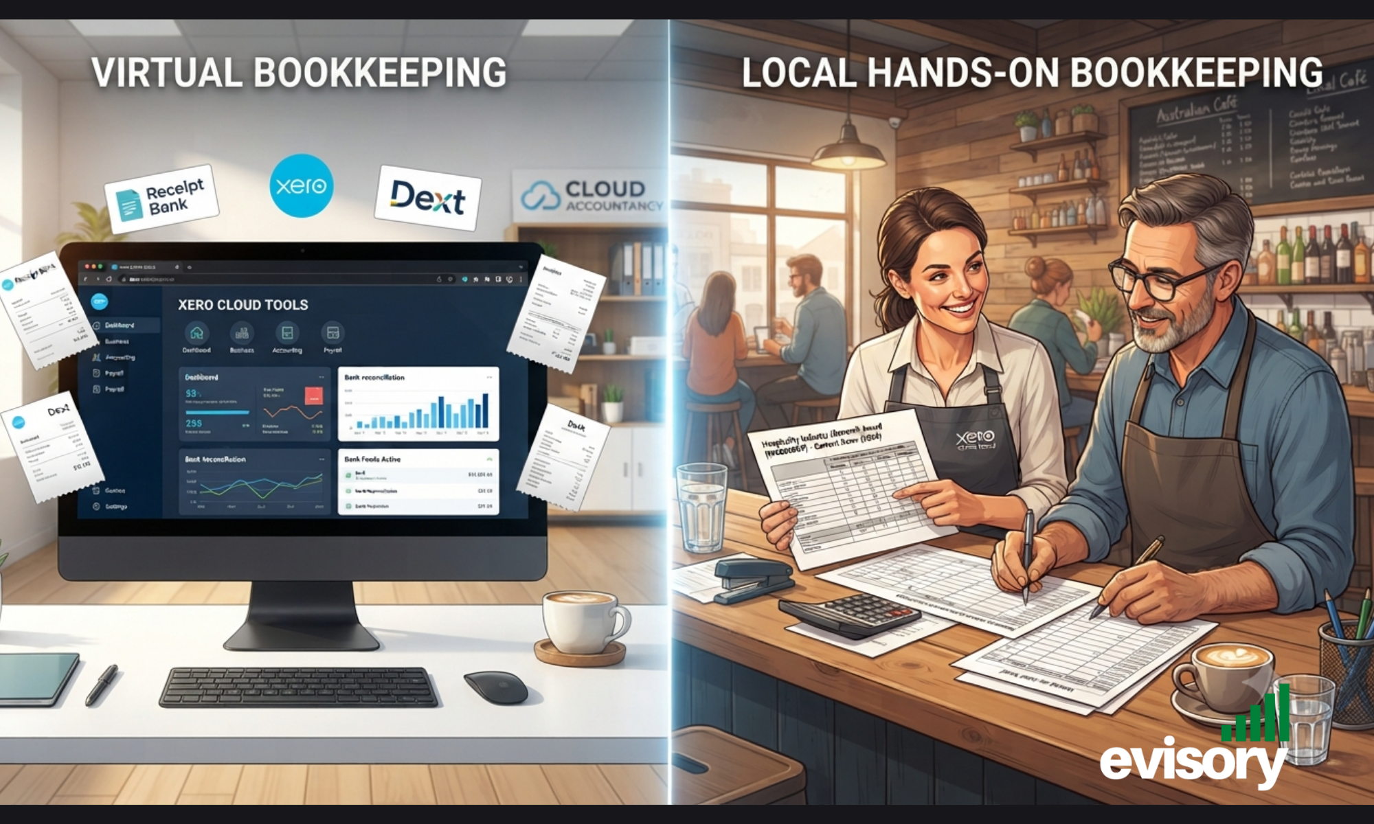 A split visual comparing virtual cloud bookkeeping on a computer screen with hands-on local bookkeeping support inside an Australian hospitality venue.