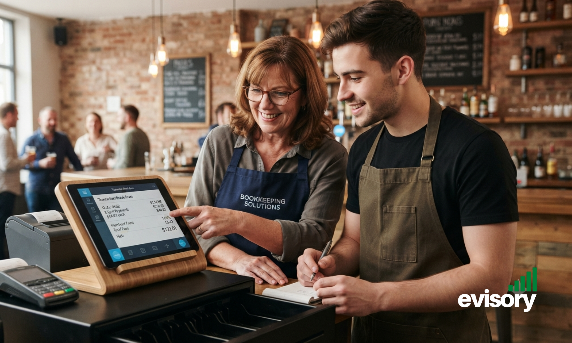 A local Brisbane bookkeeping specialist training a café manager on POS reconciliation and cash handling.