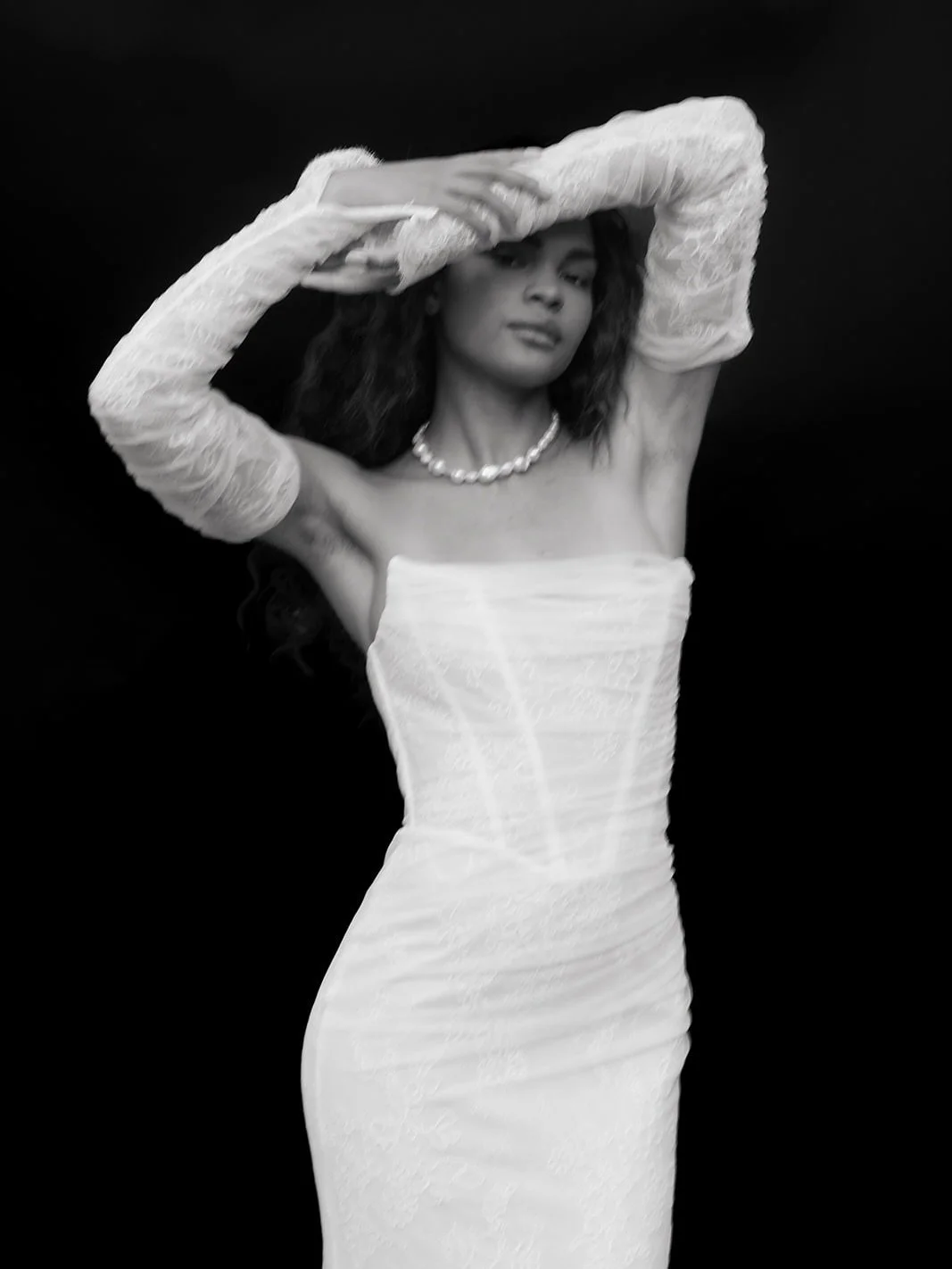 The Blanche Gown | Where structure meets softness. Corded Chantilly lace enveloped in weightless, hand draped tulle. Bold. Refined. Unforgettable.