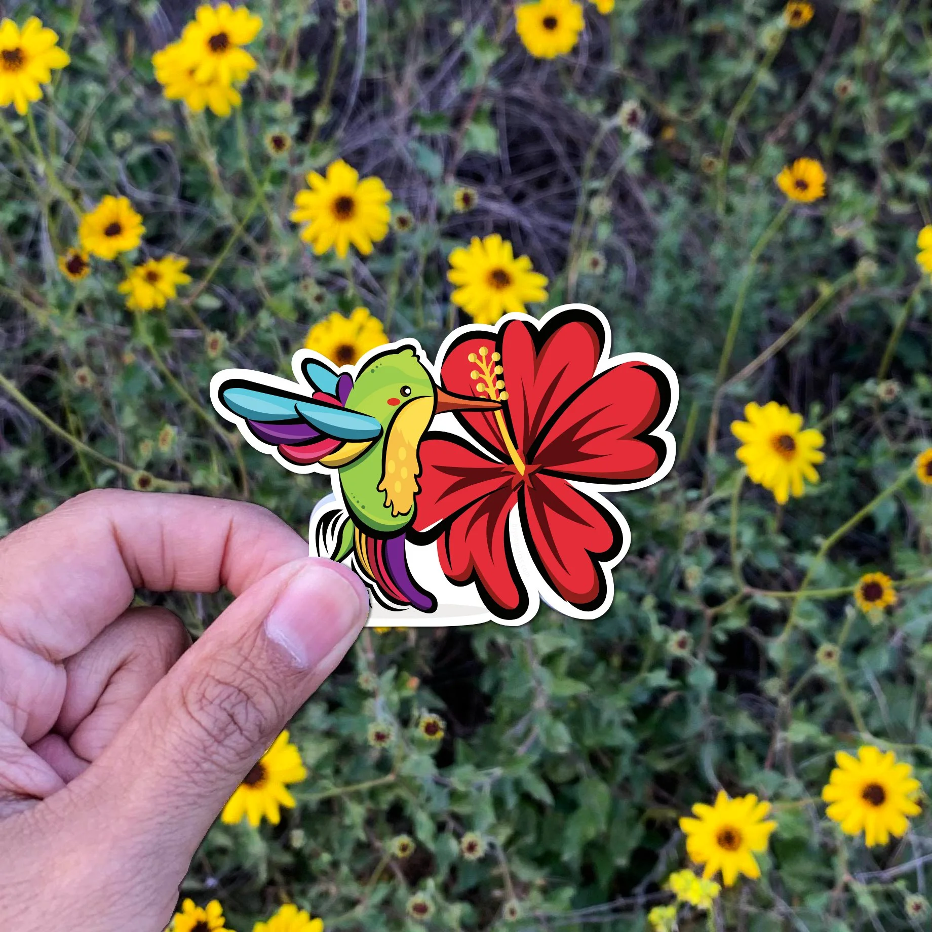 Hummingbird Flower Sticker (3" W x 2" H)