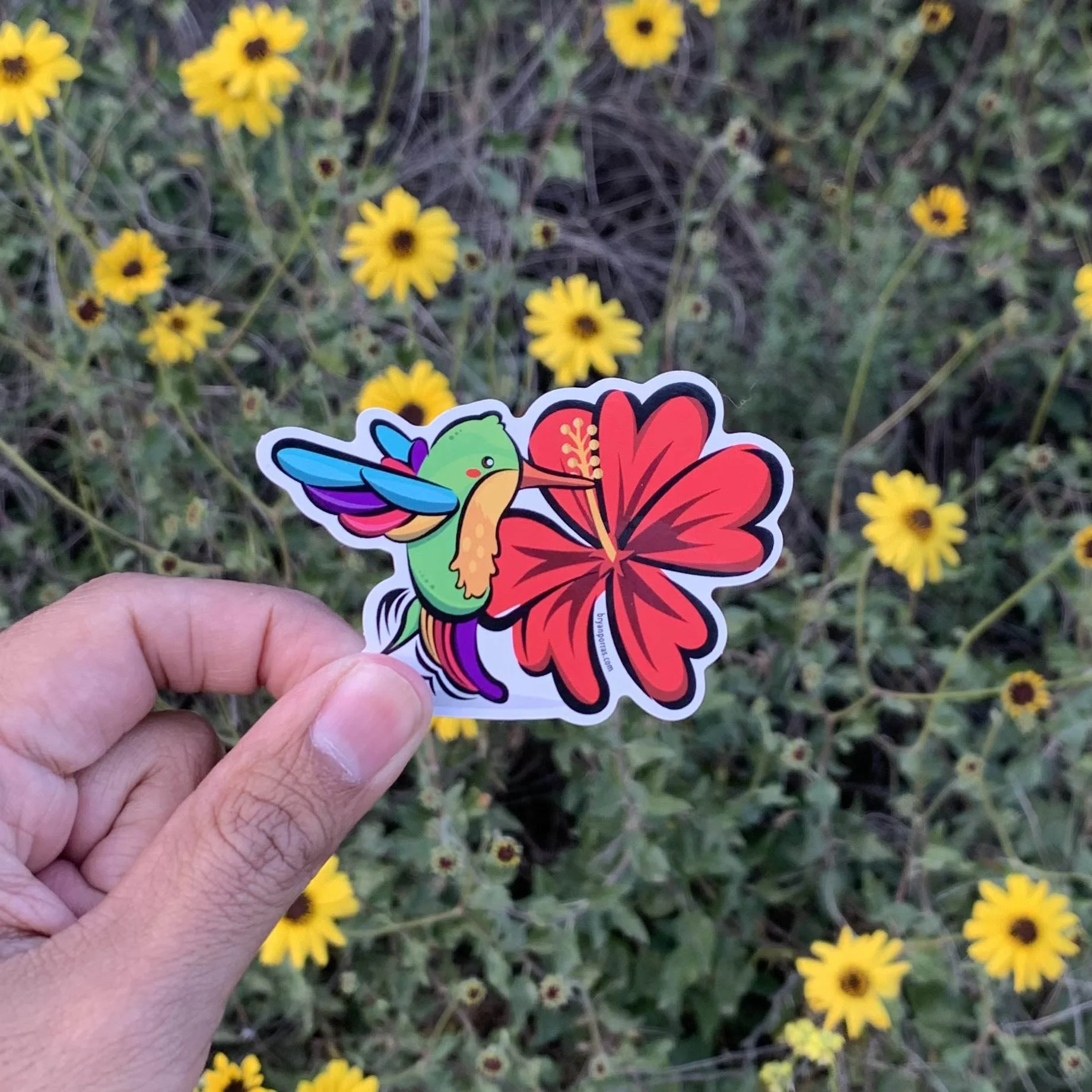 Hummingbird Flower Sticker (3" W x 2" H)