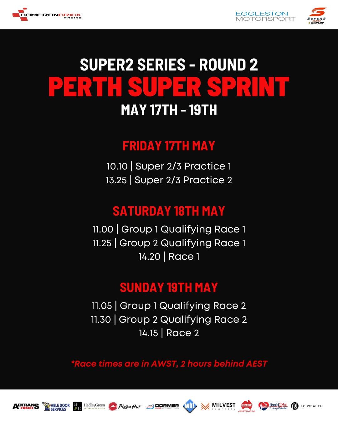 Track schedule for round 2 of the Super 2 Series this weekend over in Perth 👊🏼🏁
Remember, Race times are 2 hours behind Sydney!