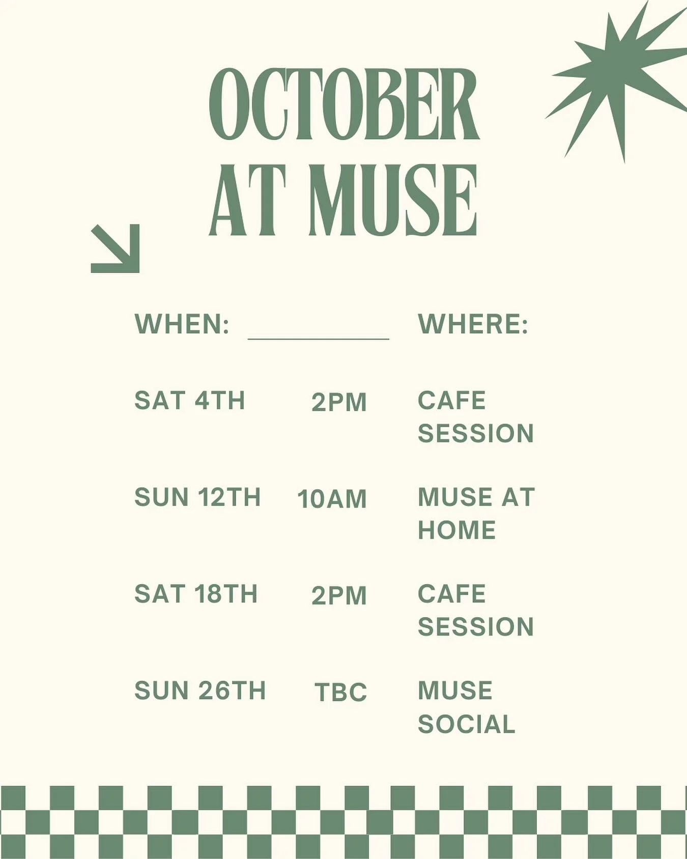 The days are getting longer, the weather&rsquo;s warming up&hellip; and so is October at Muse 🌼☀️

Think sunny Sundays, soulful moments, and Caf&eacute; Sessions brewing Saturday fortnights&mdash; yep, we&rsquo;ve got your weekends sorted. Whether y