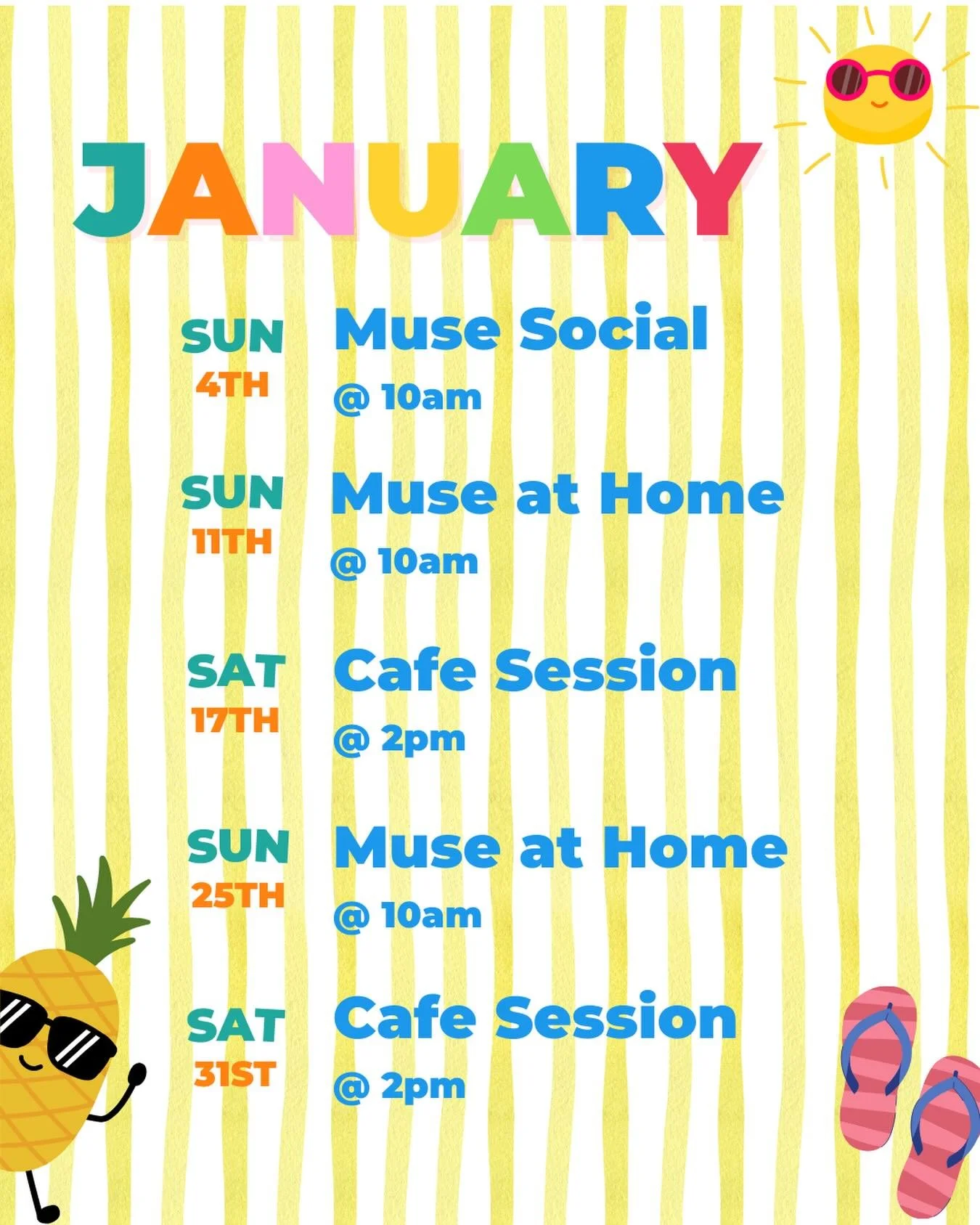 Hot days. Cool drinks. Even better people 😎
January at Muse is relaxed, welcoming and full of good vibes.
Come along, bring a friend, and make Muse part of your summer rhythm 🌴💛