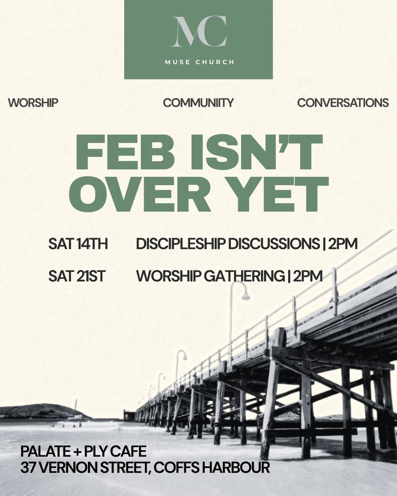 Feb isn&rsquo;t over yet &mdash; and neither is what God&rsquo;s doing 😉
Two Saturdays of worship, conversation, and real community.
Come as you are. Bring a friend. Grab a coffee.

📍 Palate + Ply
🕑 2pm
Sat 14th | Discipleship Discussions
Sat 21st