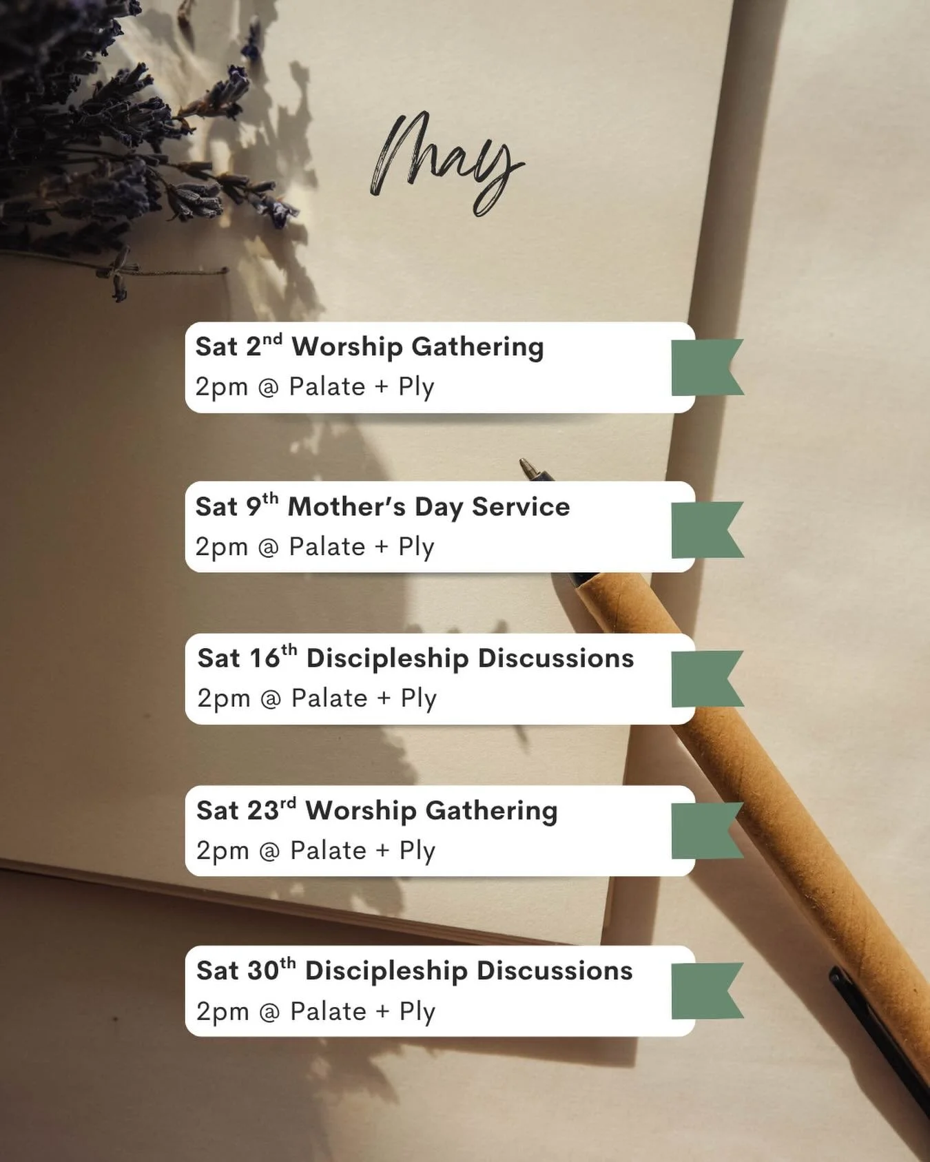 Worship. Scripture. Coffee. Conversation.

Every Saturday in May, 2pm @ Palate + Ply.
And Mother&rsquo;s Day weekend? We&rsquo;re making that one extra special 💛