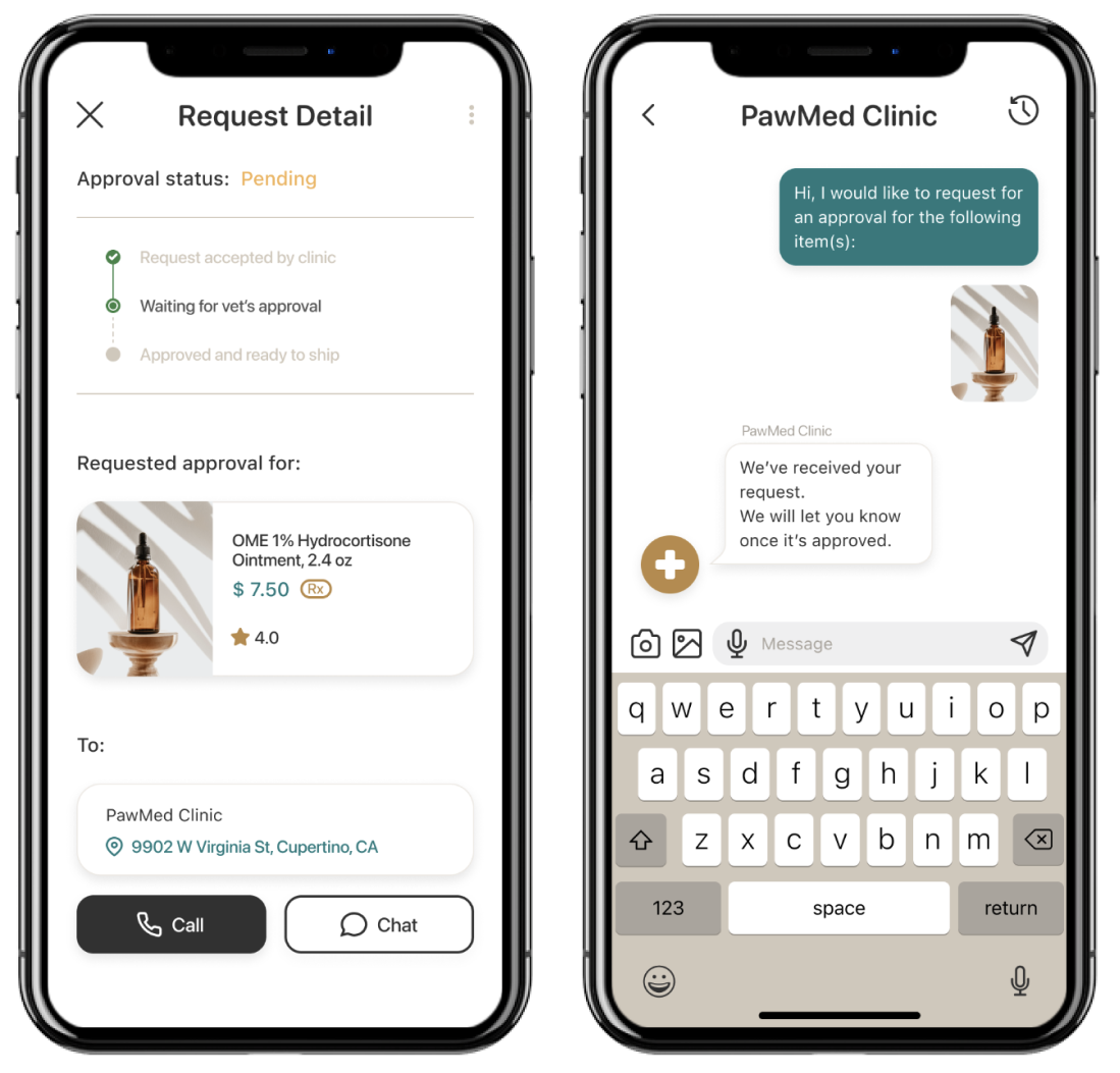 Two mobile screens showing how a client can directly communicate with a clinic