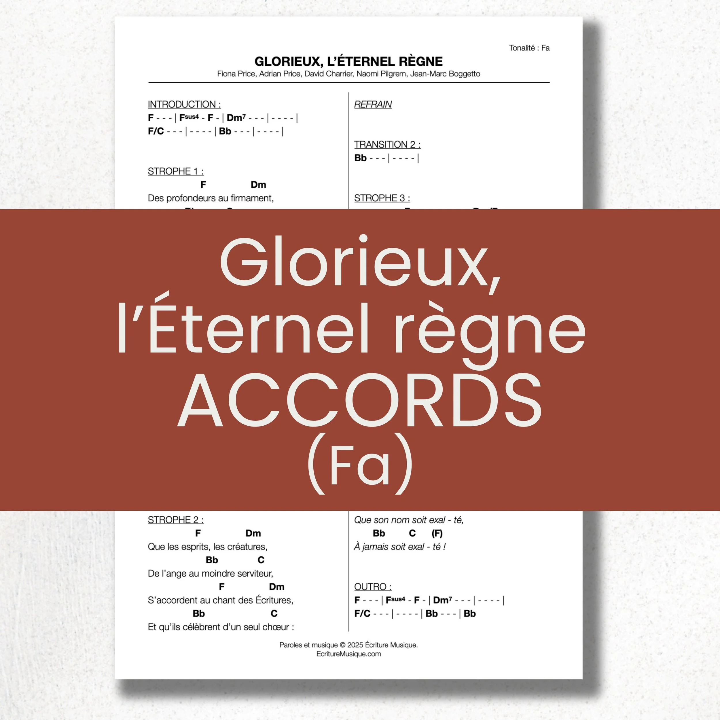 Glorieux, l'Éternel règne : grille d'accords (Fa)