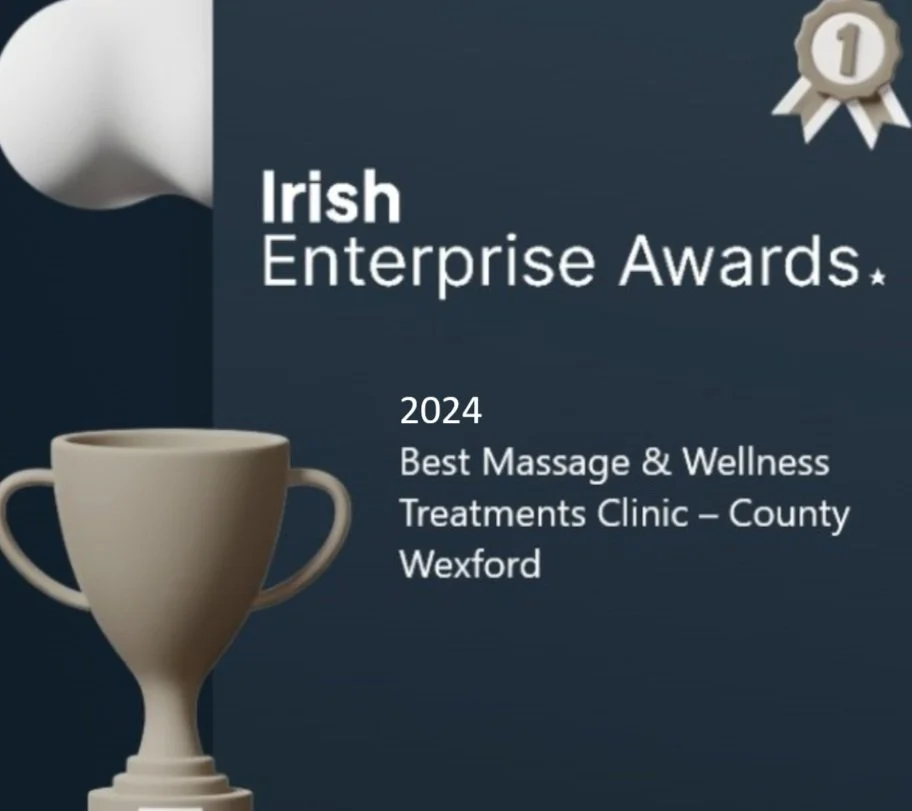 A digital award certificate for the Irish Enterprise Awards 2024, recognizing the Best Massage & Wellness Treatments Clinic in County Wexford, with a trophy icon and a first-place medal in the top right corner.