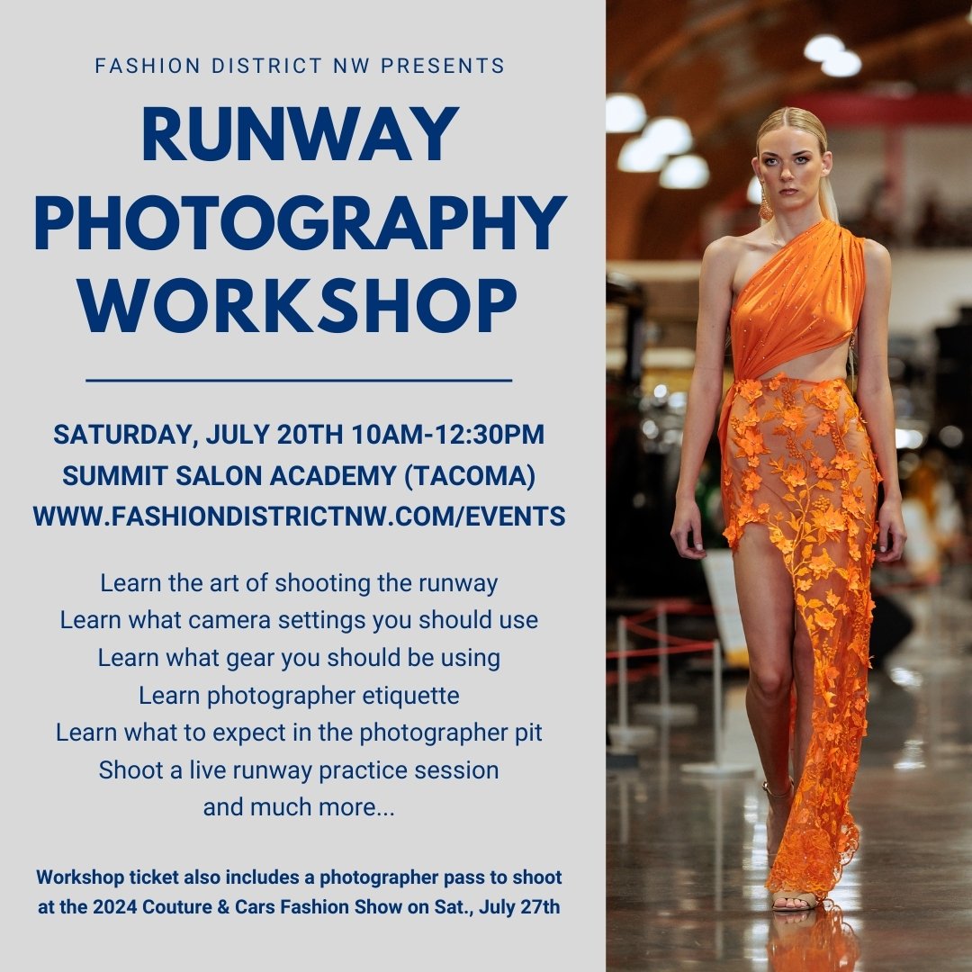 Fashion District NW is excited to offer the Runway Photography Workshop in partnership with the 2024 Couture &amp; Cars Fashion Show. This workshop will teach photographers of all levels how to shoot a runway fashion show.

Link in bio!

Attendees wi