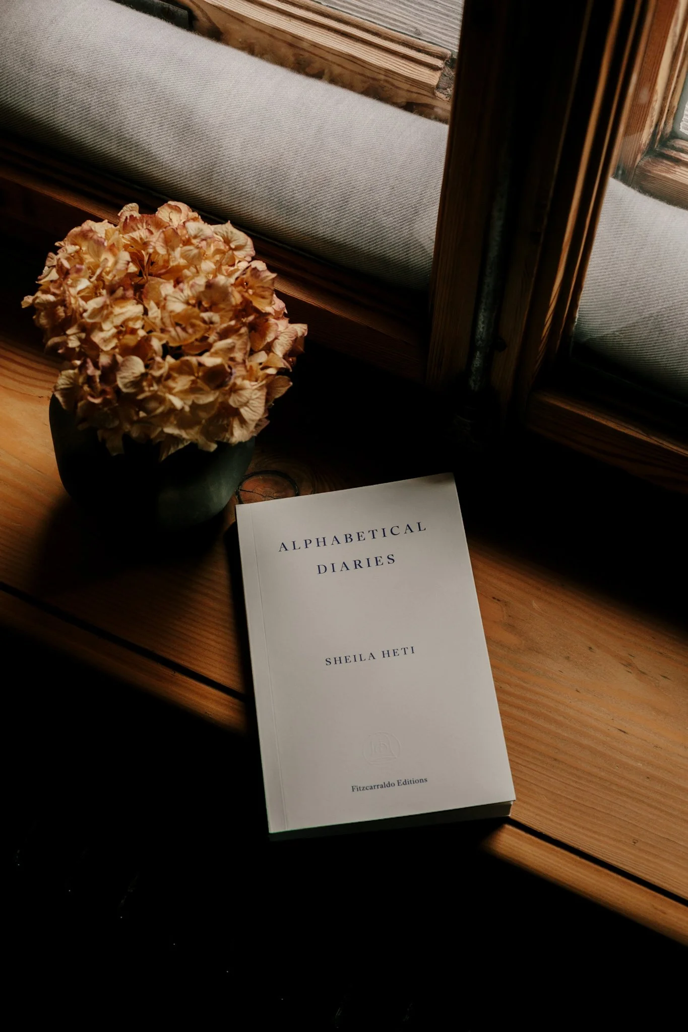 A dried hydrangea and a closed book on a wooden windowsill in soft winter light.