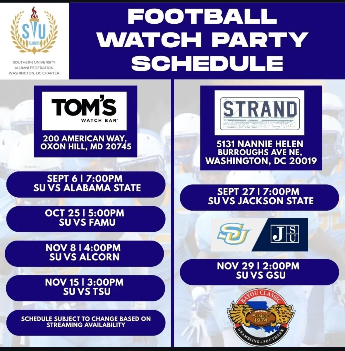 SU vs GSU Bayou Classic Football Watch Party