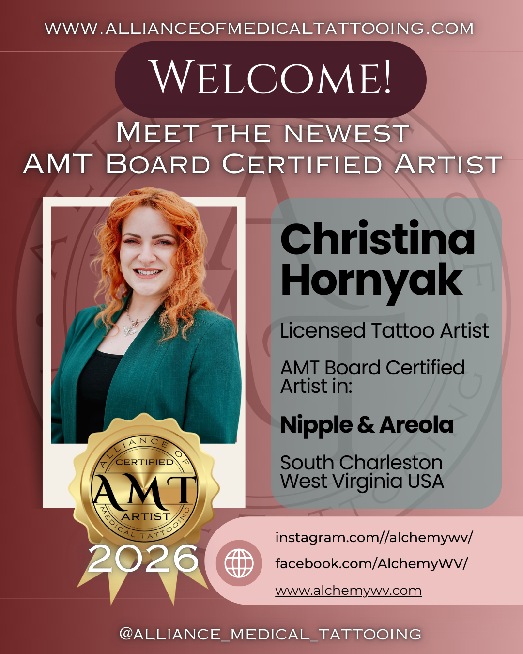 Welcome Christina Hornyak as the newest Alliance of Medical Tattooing Board Certified Artist in Nipple &amp; Areola.