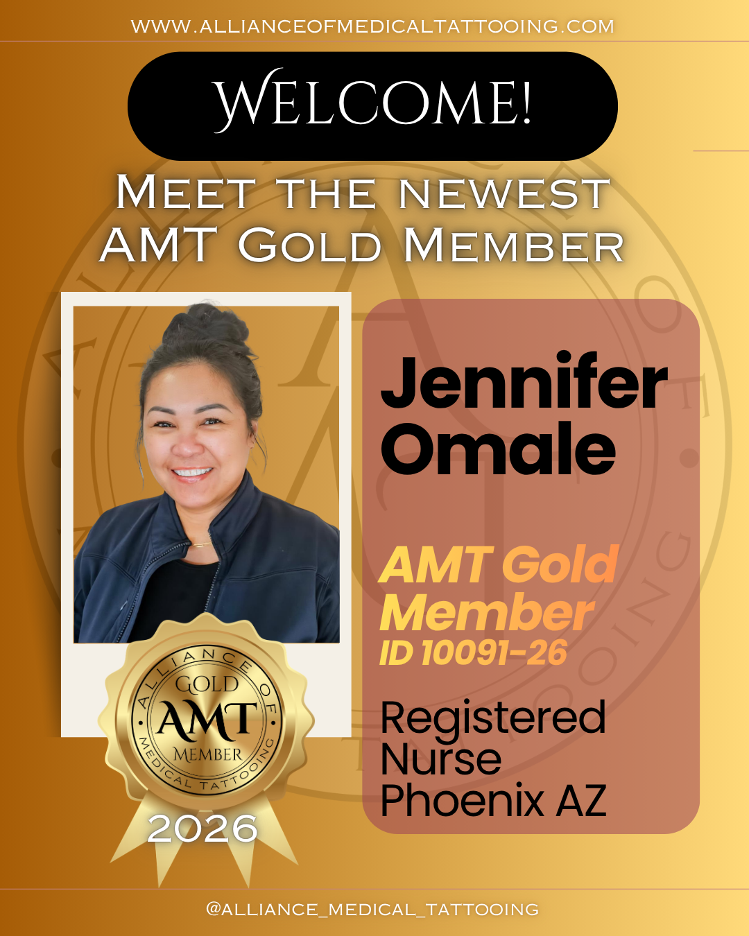 Please welcome Jennifer Omale as the newest AMT Gold Member of the Alliance of Medical Tattooing.